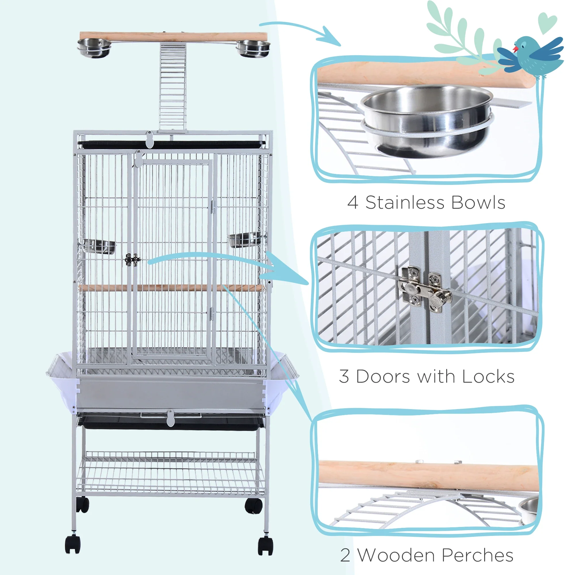 63" Large Parrot Cage, Finch Feeder, Play Top, Silver - Image 7