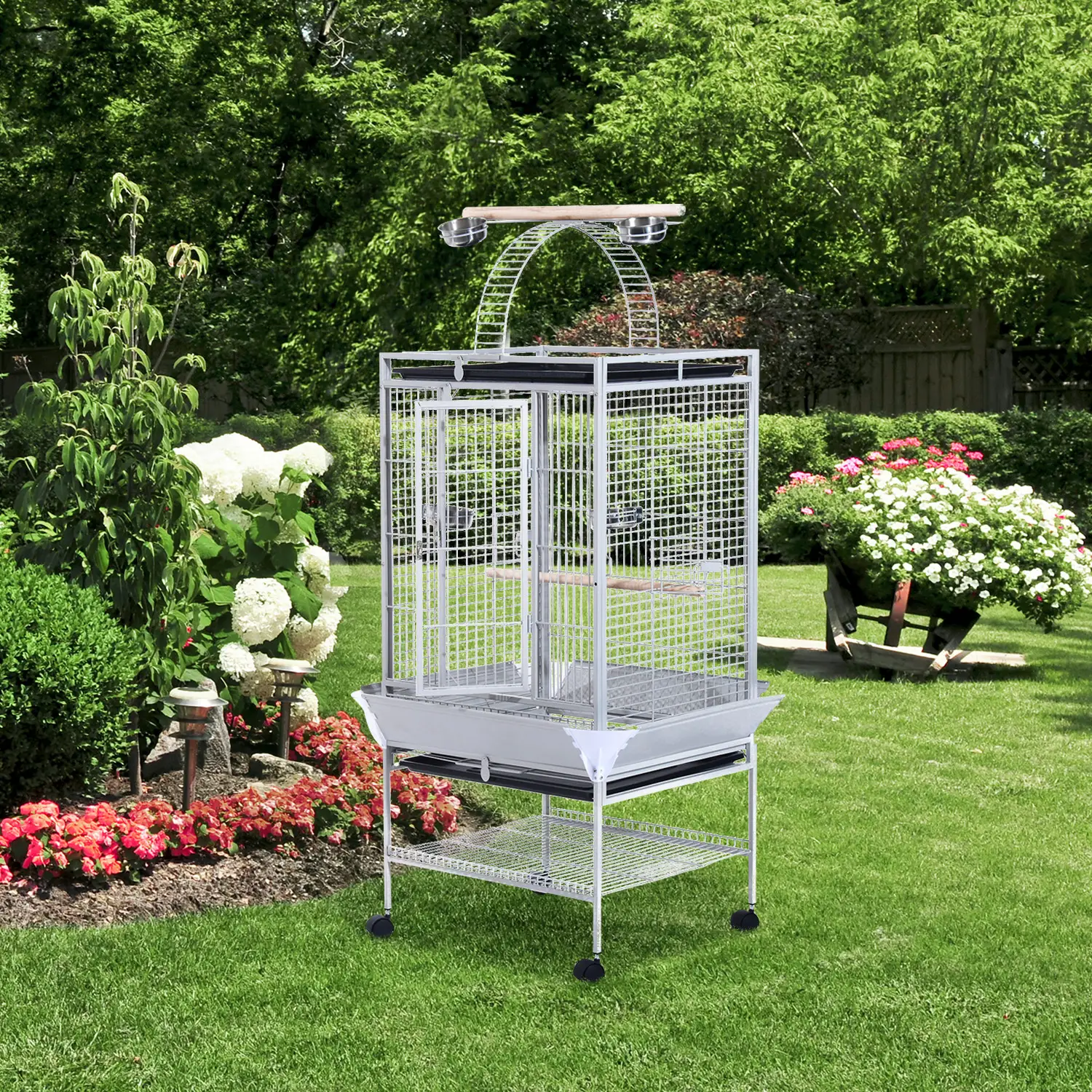 63" Large Parrot Cage, Finch Feeder, Play Top, Silver - Image 8