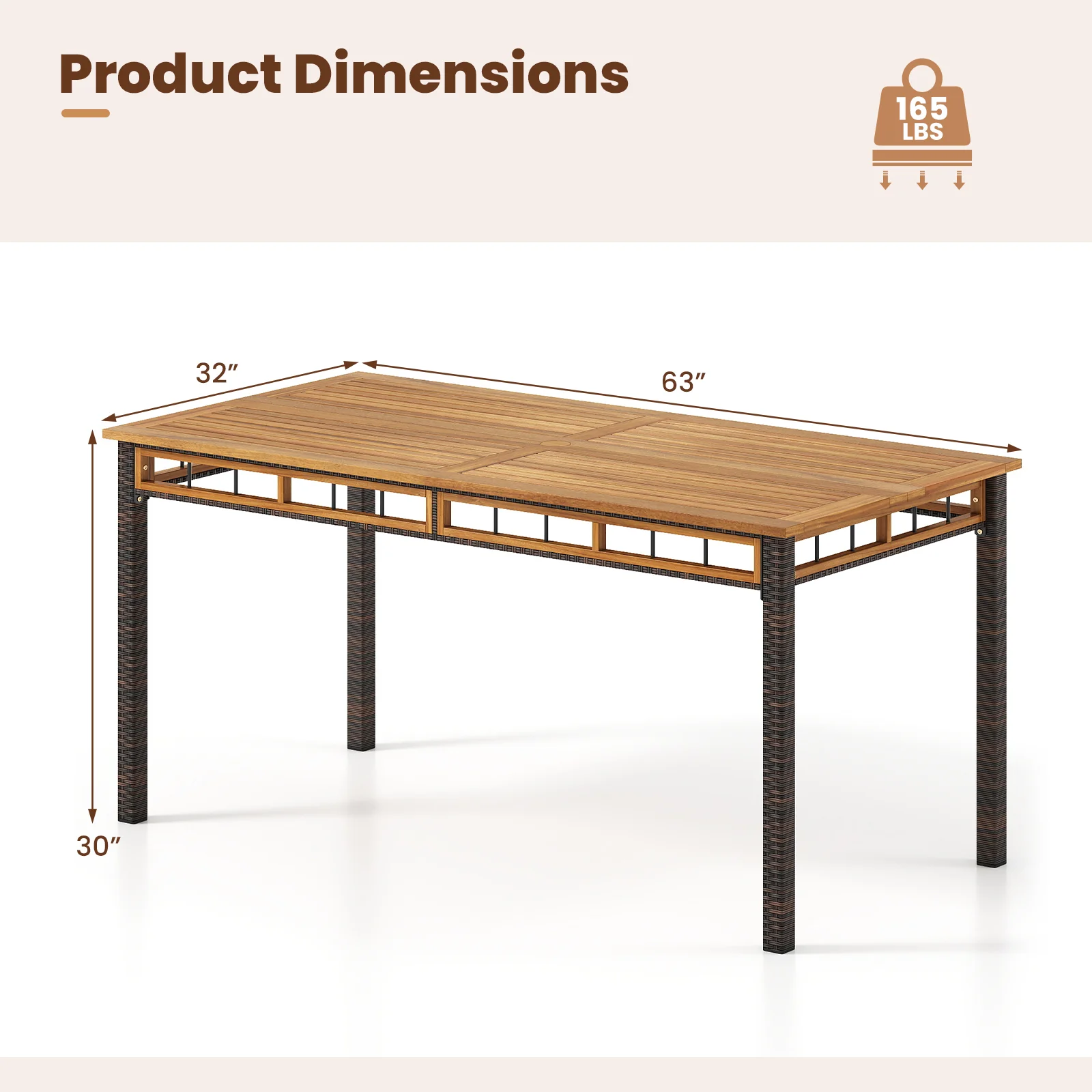 63" Outdoor Dining Table with Acacia Wood Slatted Tabletop - Image 6