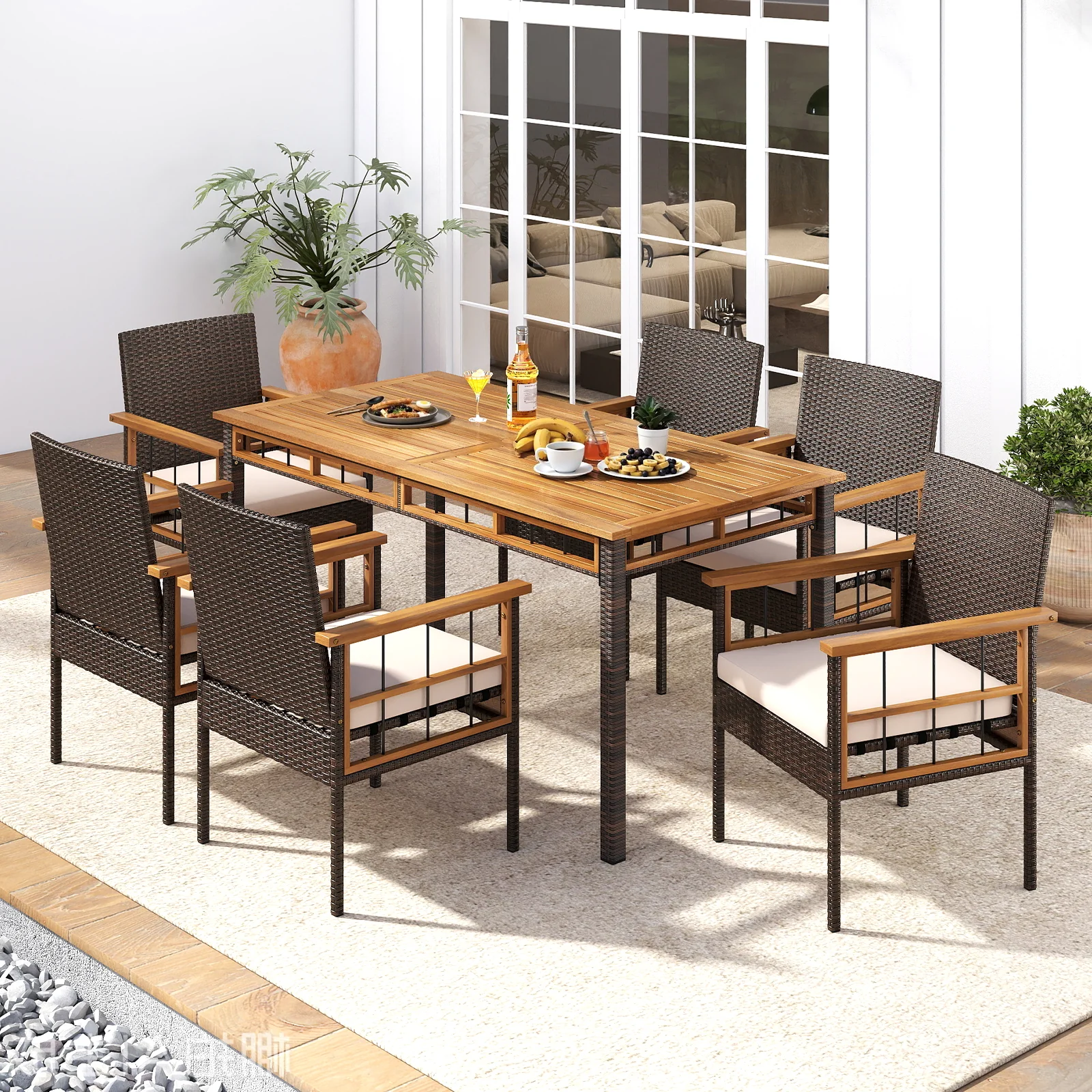 63" Outdoor Dining Table with Acacia Wood Slatted Tabletop - Image 7