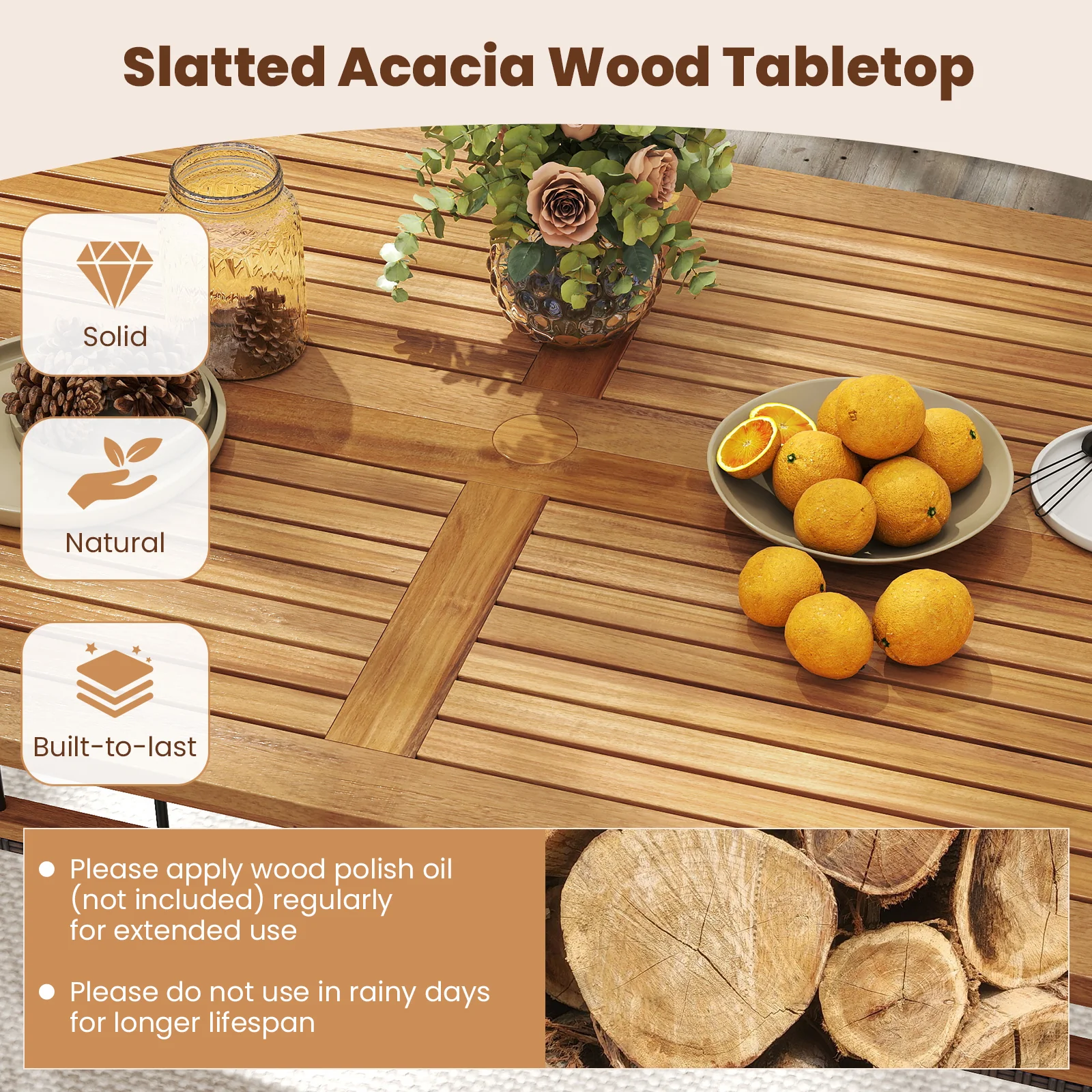 63" Outdoor Dining Table with Acacia Wood Slatted Tabletop - Image 8