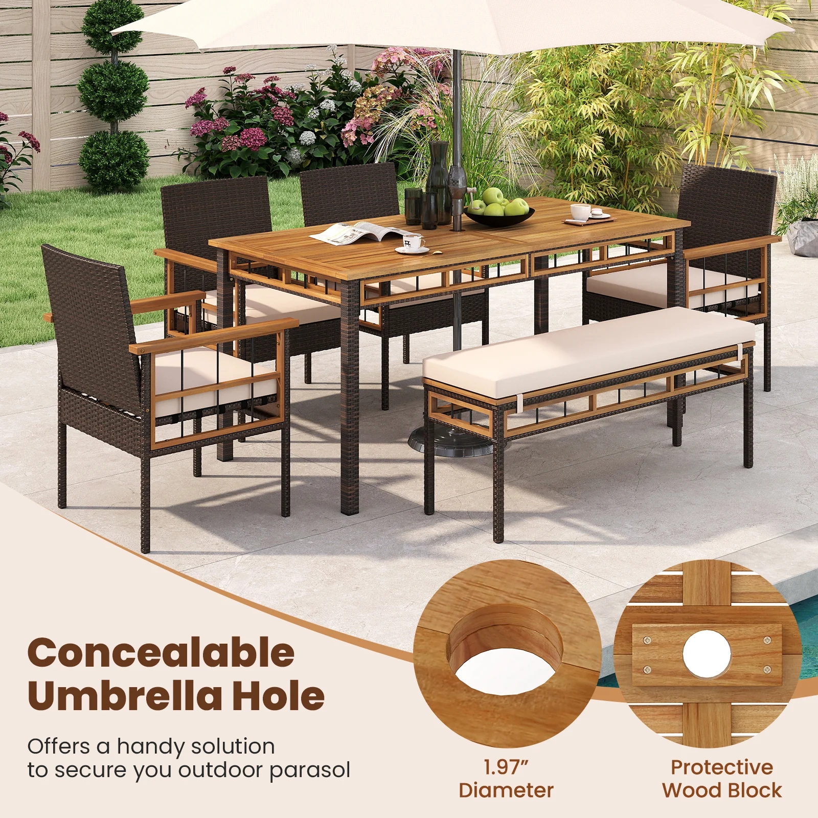 63" Outdoor Dining Table with Acacia Wood Slatted Tabletop - Image 9