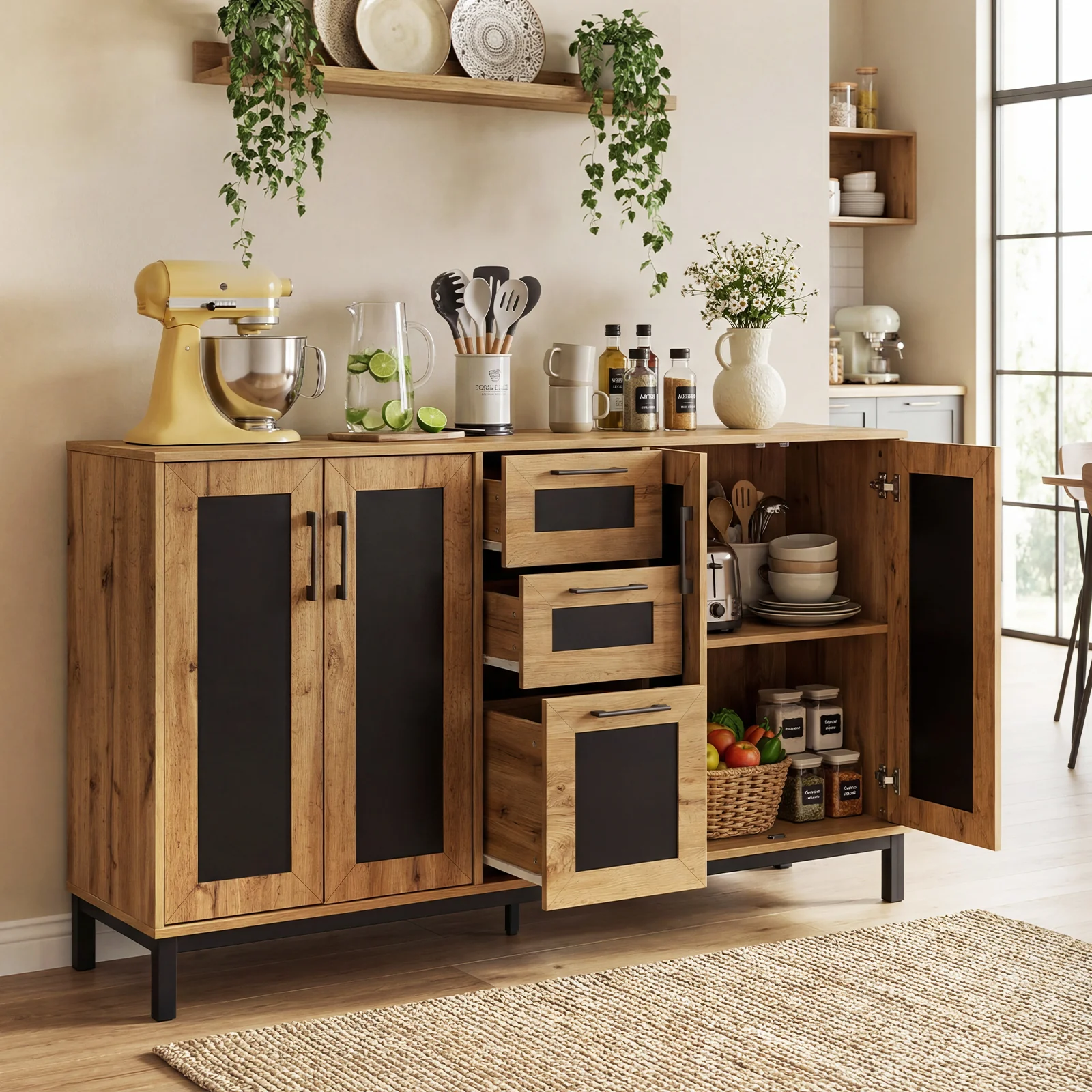 63" Sideboard Buffet Cabinet, 3 Drawers, Storage Shelves, Natural - Image 3