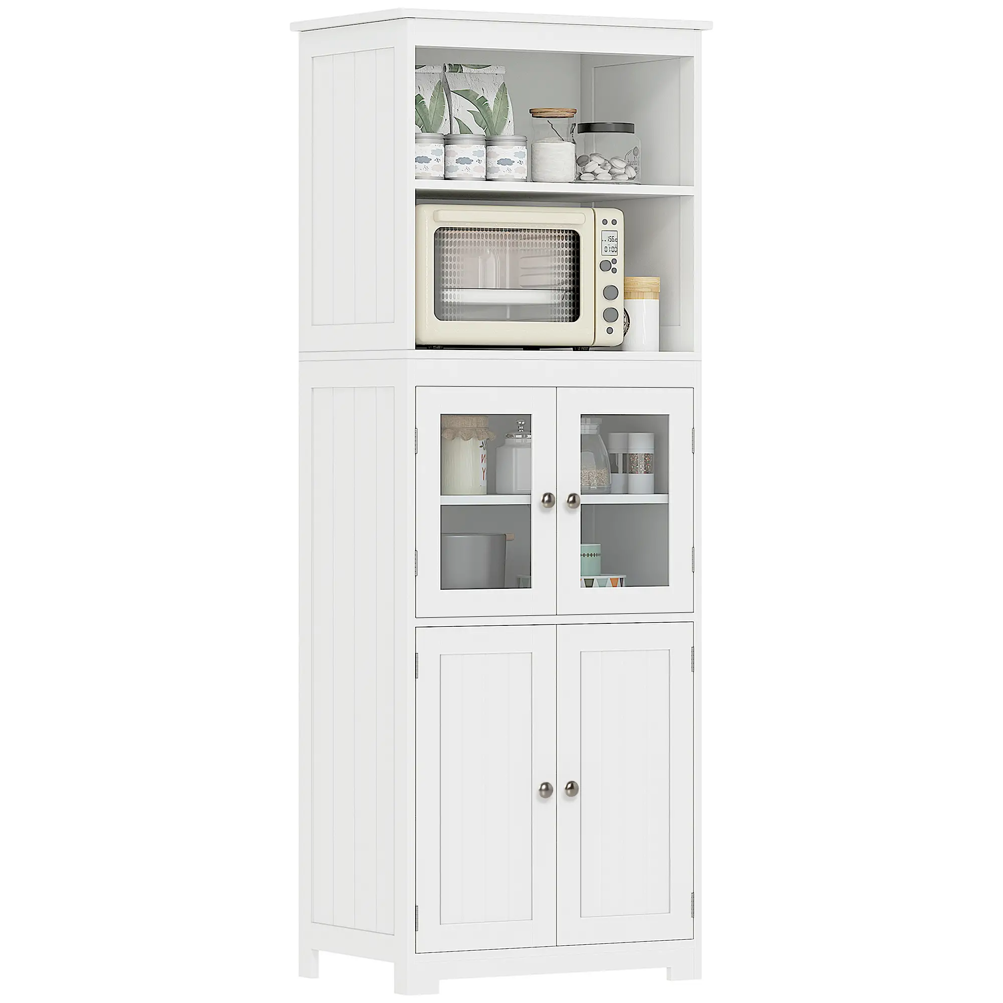63" Small Buffet with Hutch, 4-Door Kitchen Pantry, Adjustable Shelf, White