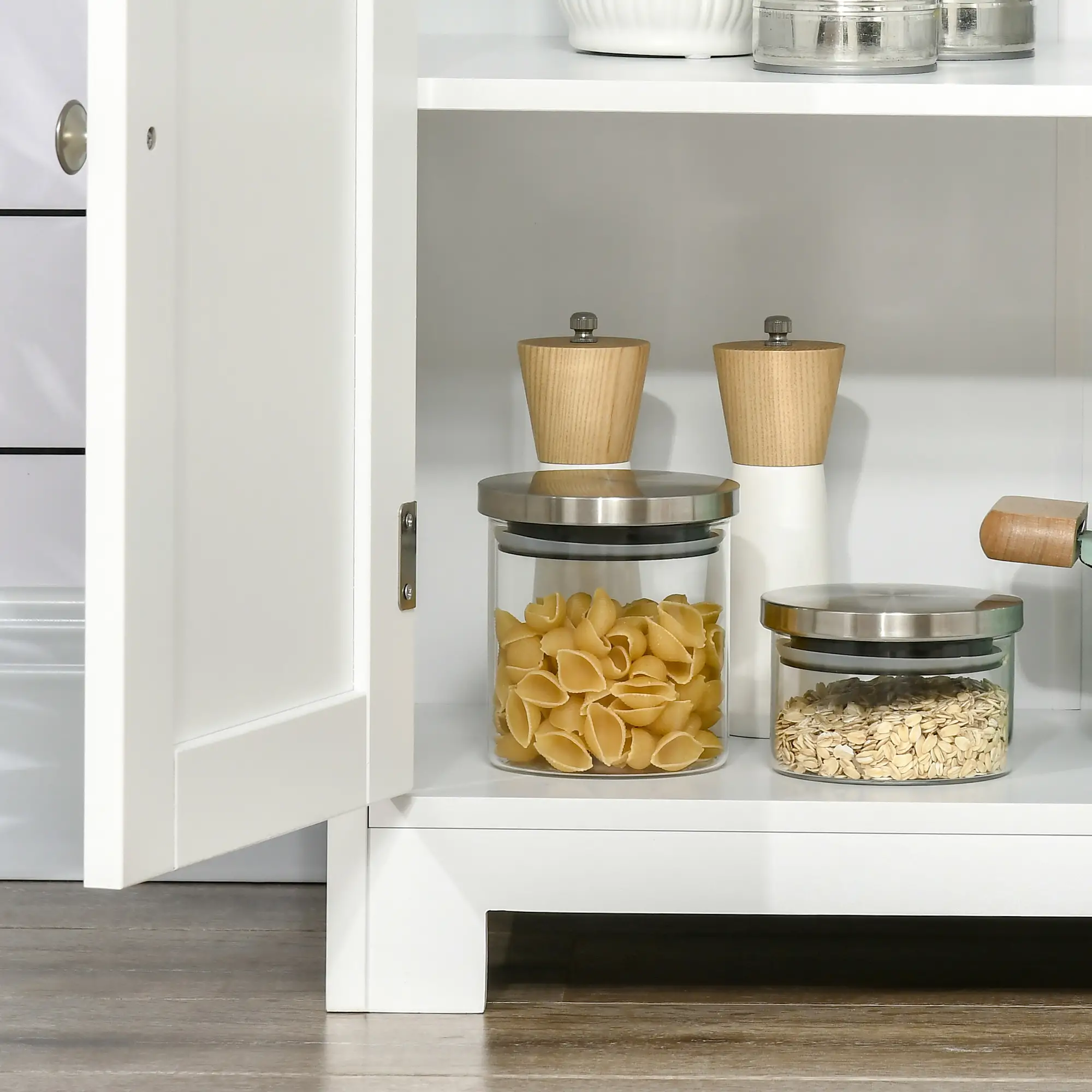63" Small Buffet with Hutch, 4-Door Kitchen Pantry, Adjustable Shelf, White - Image 12