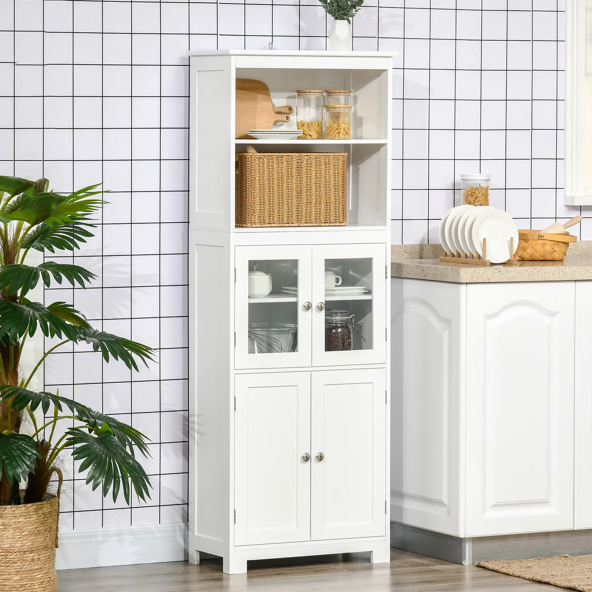 63" Small Buffet with Hutch, 4-Door Kitchen Pantry, Adjustable Shelf, White - Image 2