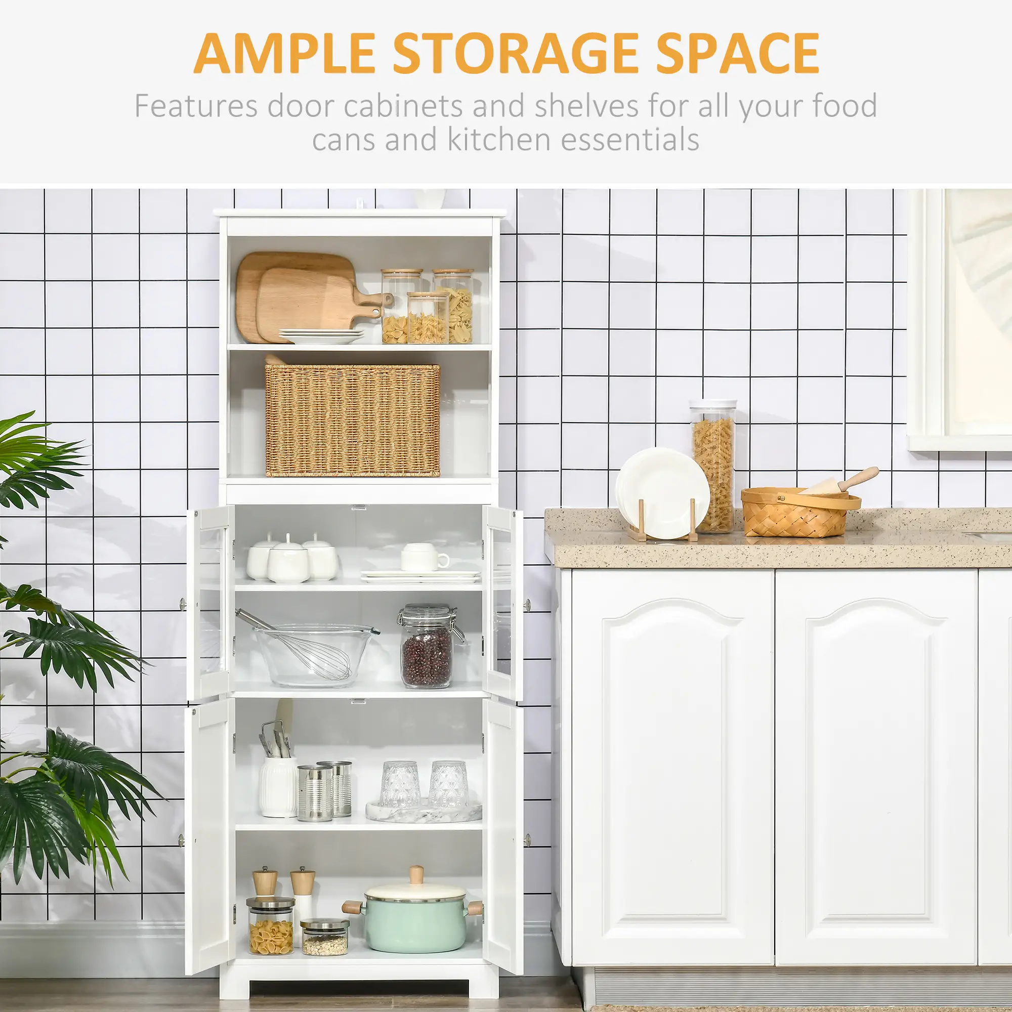 63" Small Buffet with Hutch, 4-Door Kitchen Pantry, Adjustable Shelf, White - Image 4
