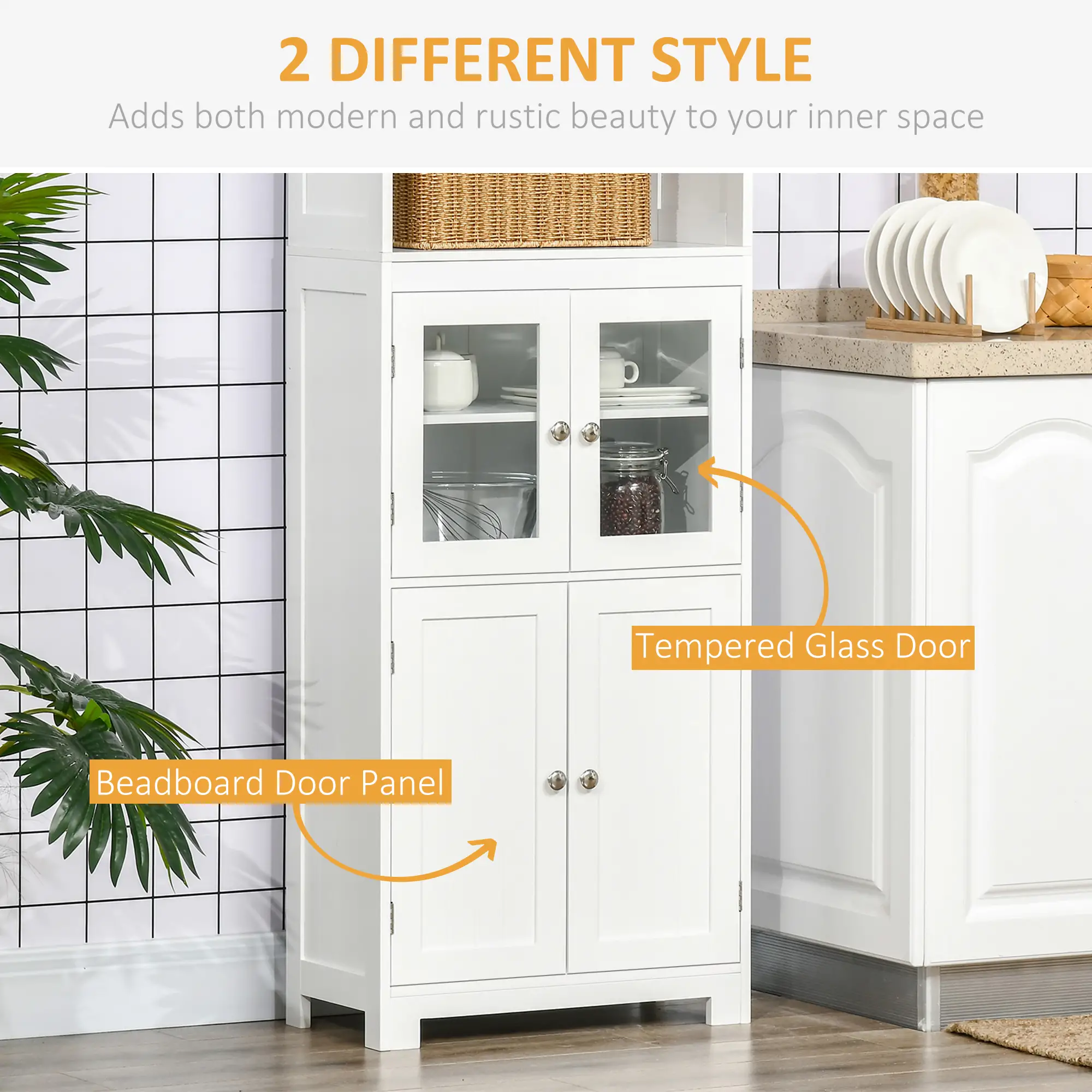 63" Small Buffet with Hutch, 4-Door Kitchen Pantry, Adjustable Shelf, White - Image 5