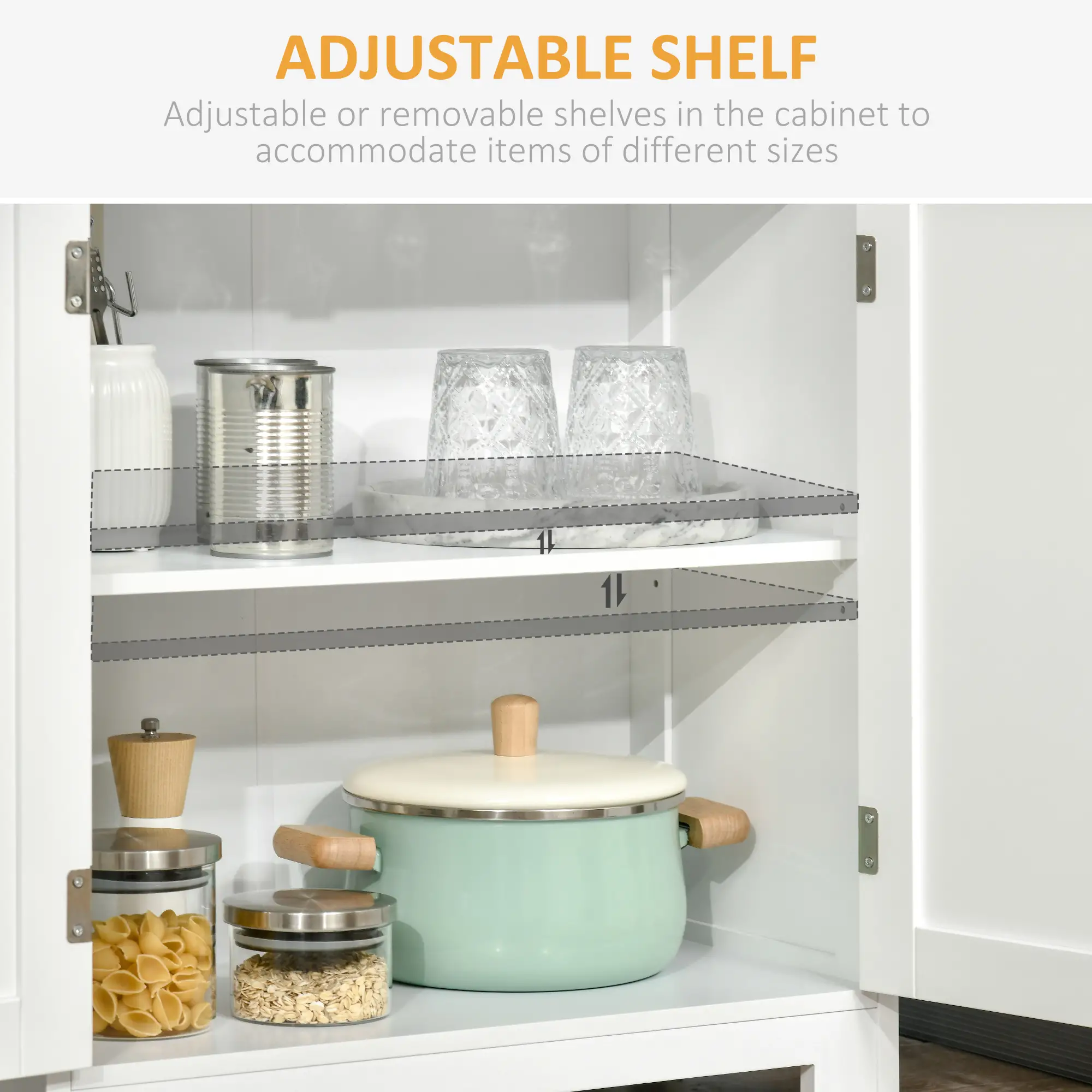 63" Small Buffet with Hutch, 4-Door Kitchen Pantry, Adjustable Shelf, White - Image 6