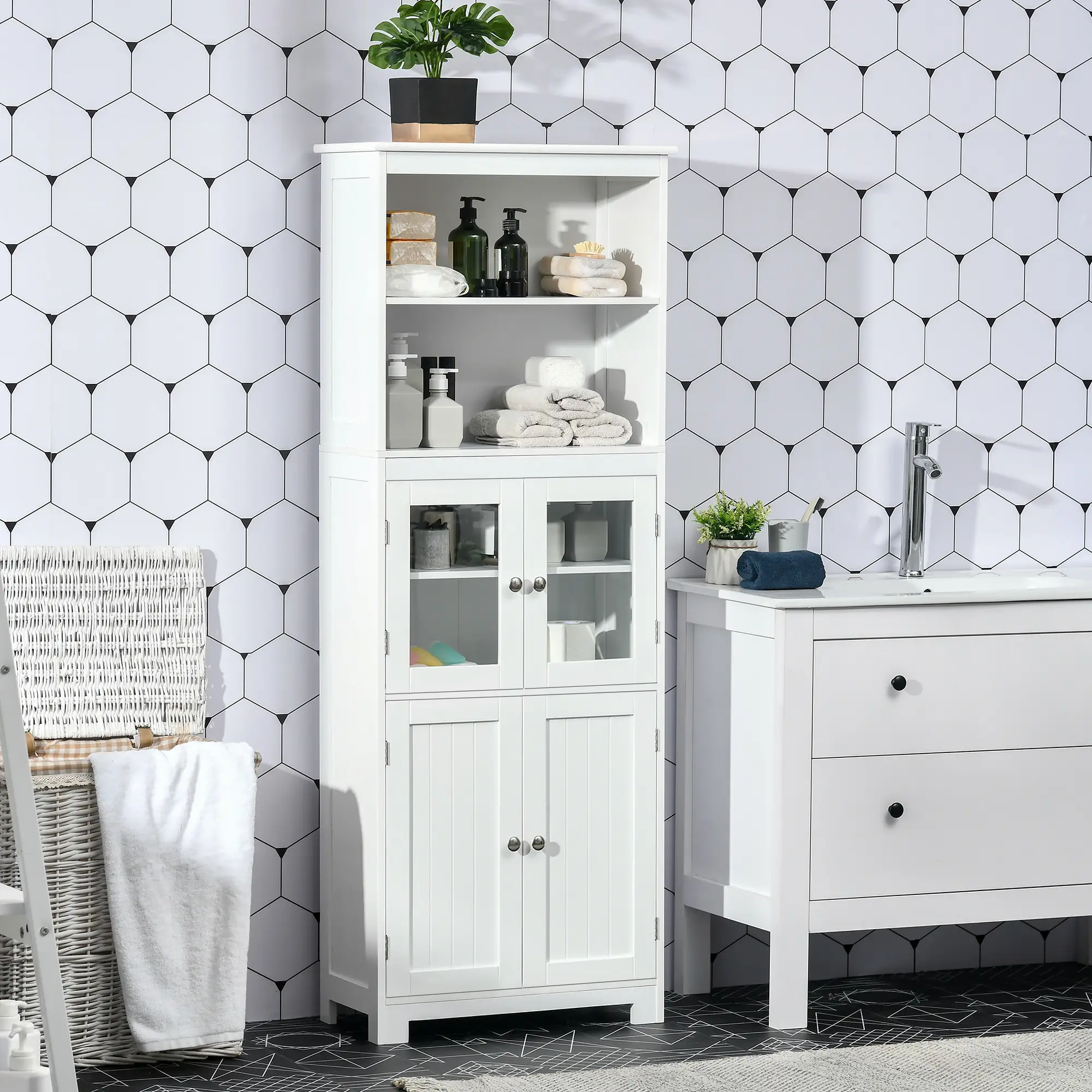 63" Small Buffet with Hutch, 4-Door Kitchen Pantry, Adjustable Shelf, White - Image 8