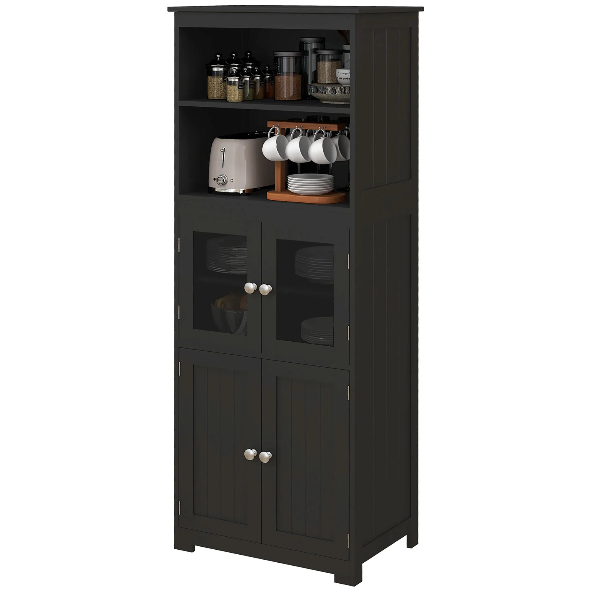 63" Small Buffet with Hutch, 4-Door Kitchen Pantry Cabinet, Black