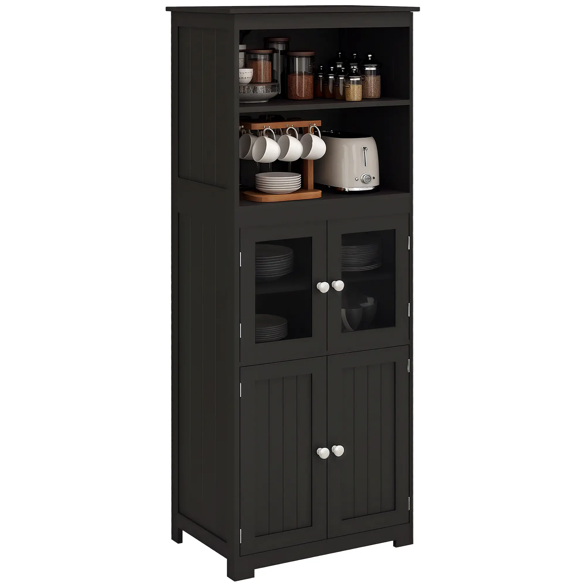 63" Small Buffet with Hutch, 4-Door Kitchen Pantry Cabinet, Black - Image 11