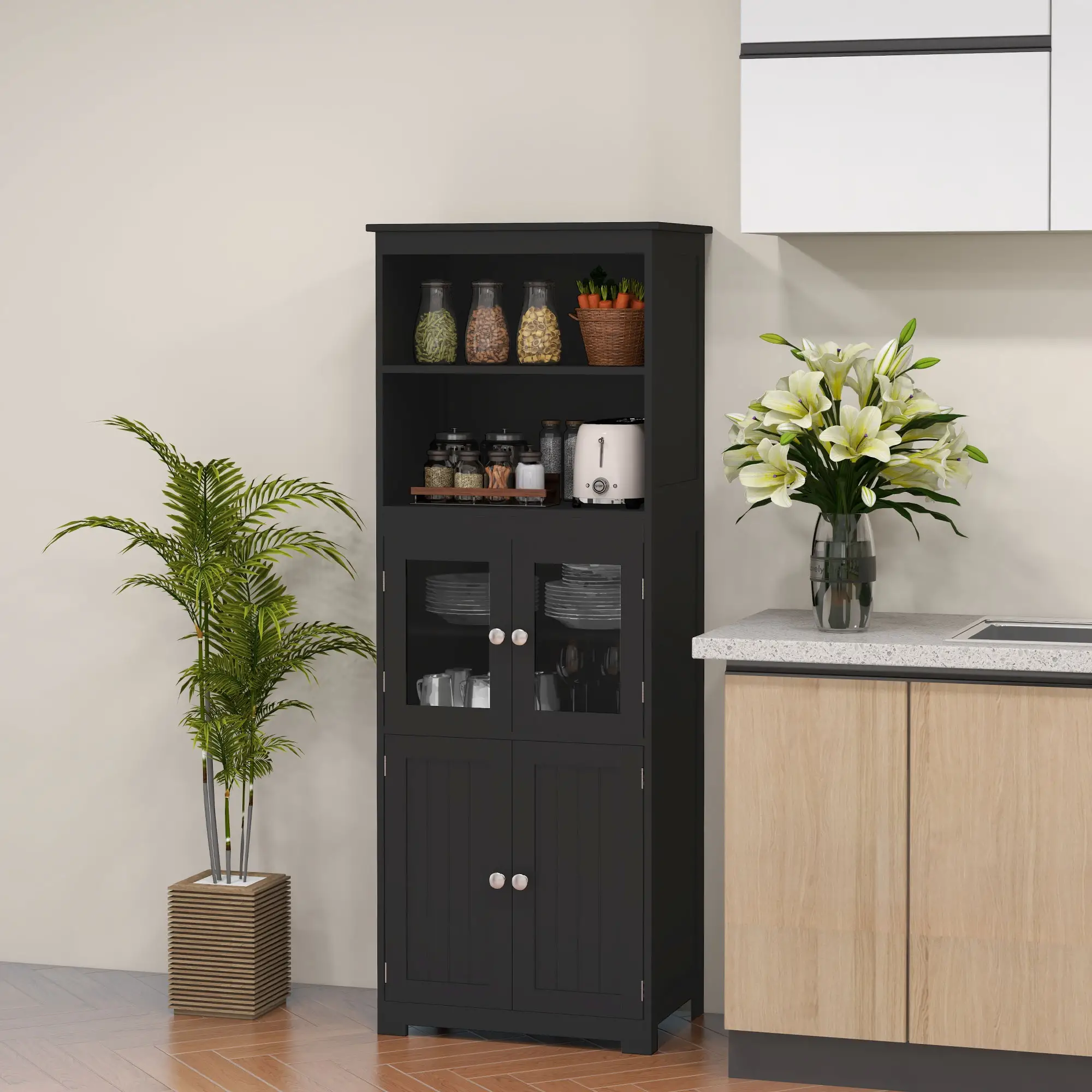 63" Small Buffet with Hutch, 4-Door Kitchen Pantry Cabinet, Black - Image 2