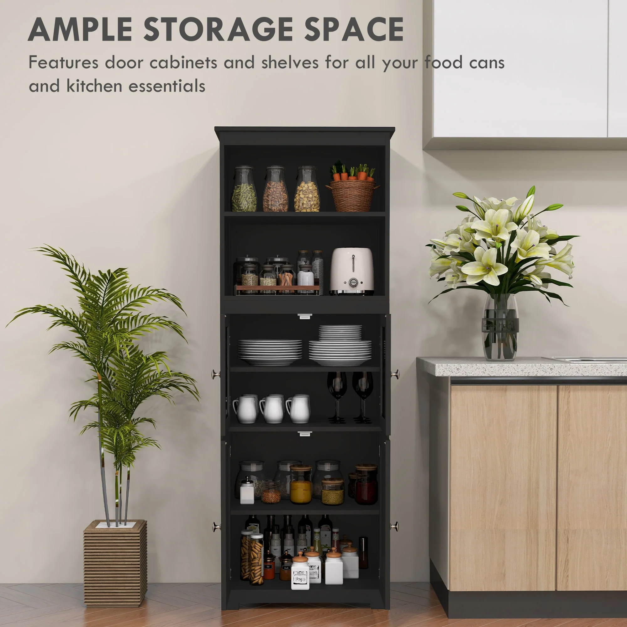 63" Small Buffet with Hutch, 4-Door Kitchen Pantry Cabinet, Black - Image 4