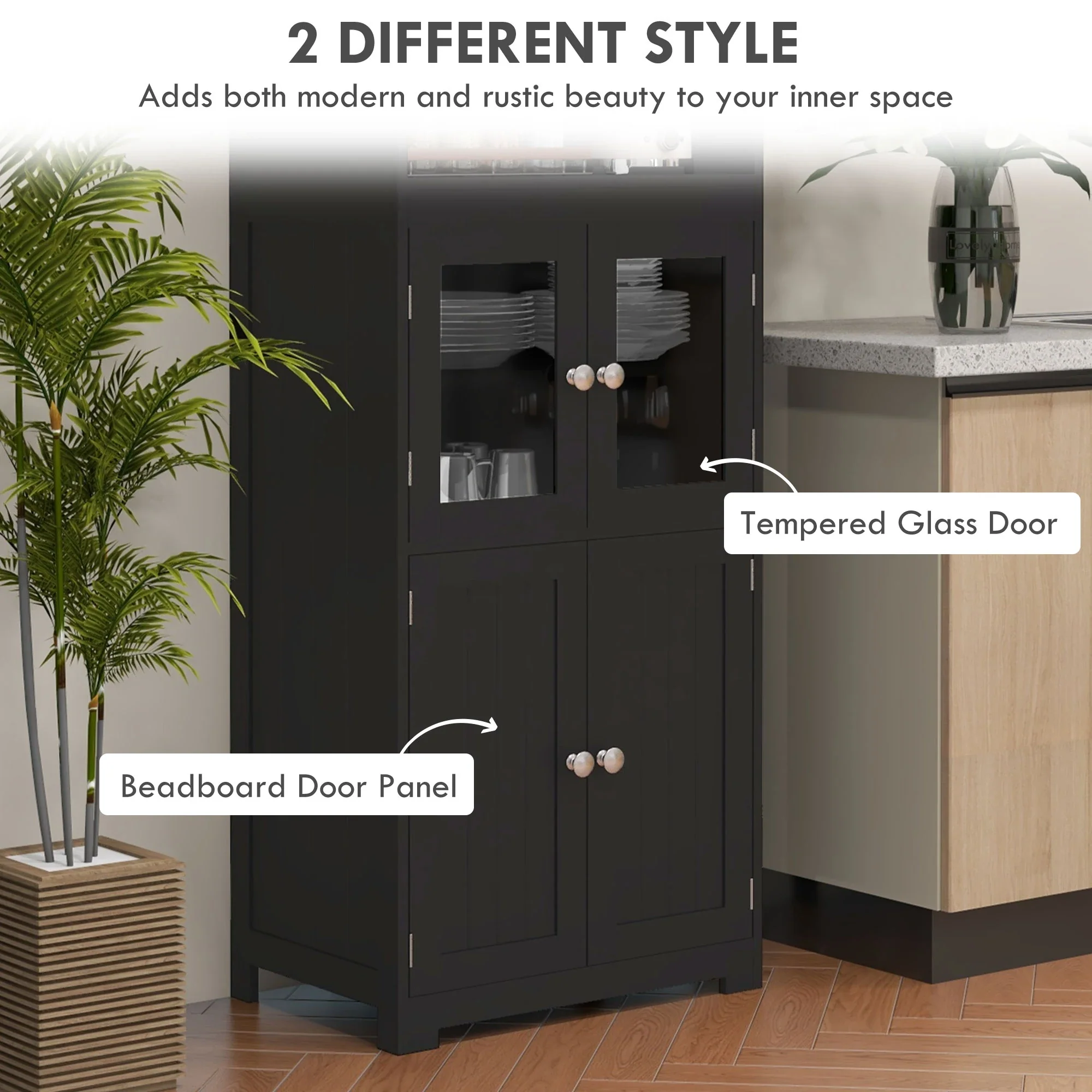 63" Small Buffet with Hutch, 4-Door Kitchen Pantry Cabinet, Black - Image 5