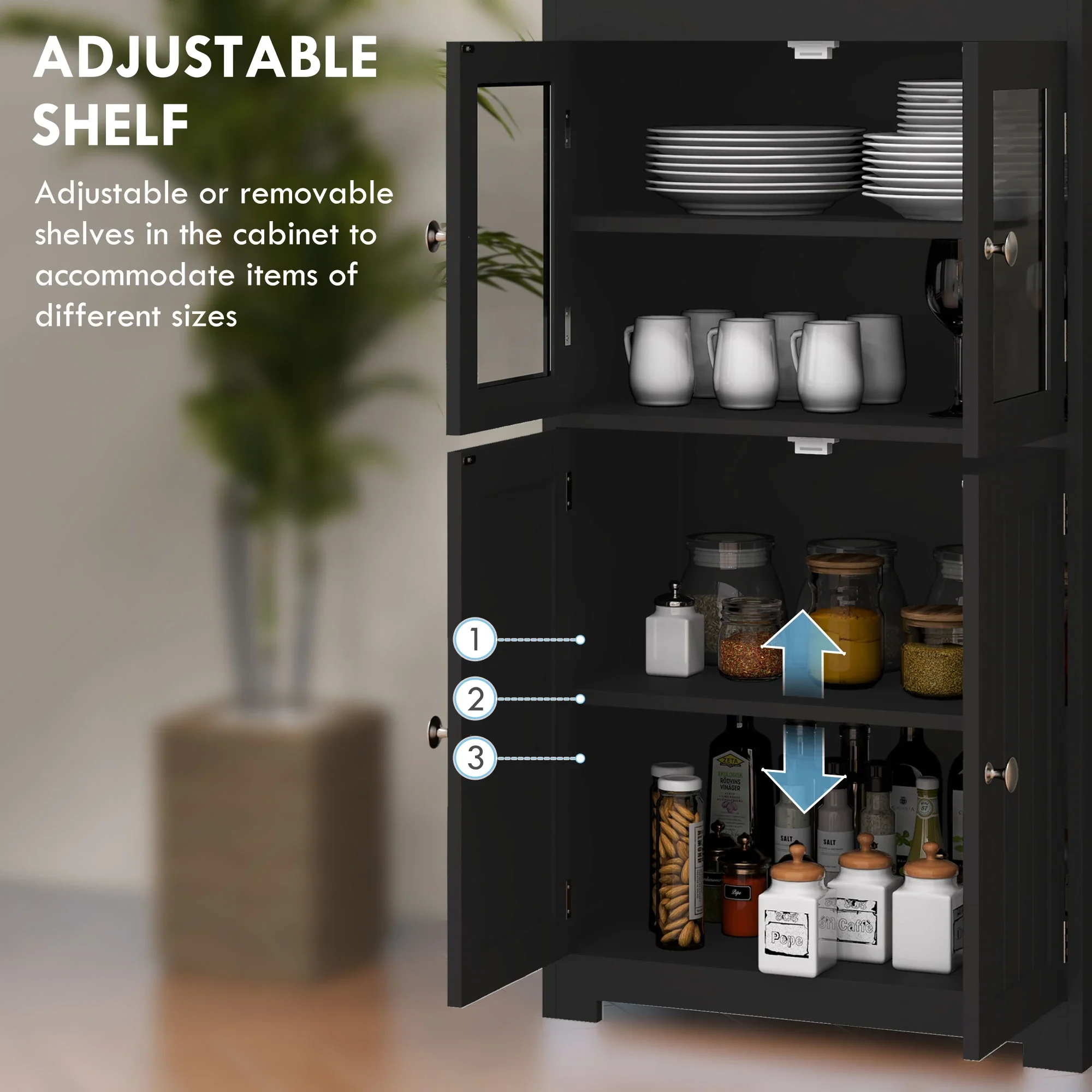 63" Small Buffet with Hutch, 4-Door Kitchen Pantry Cabinet, Black - Image 6