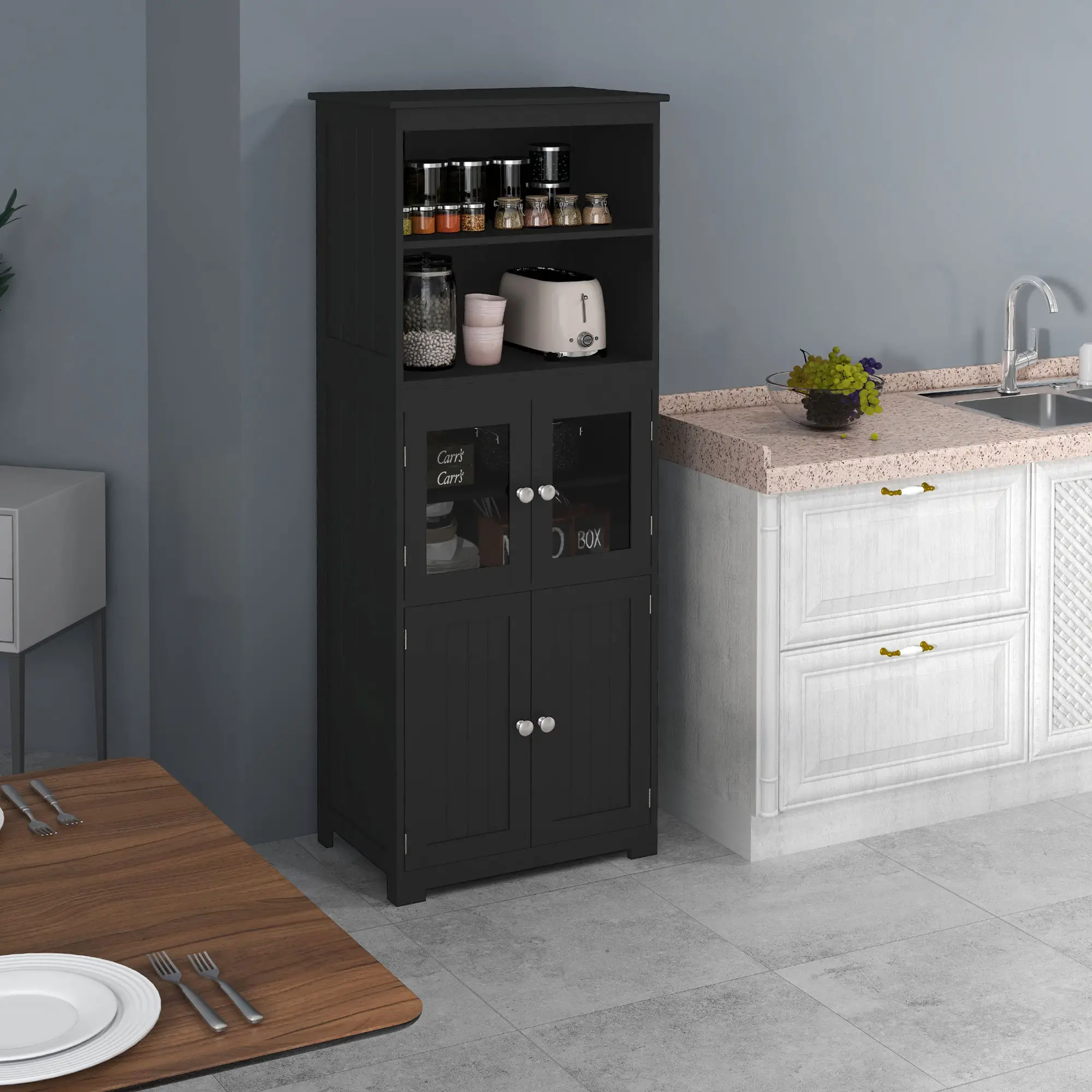 63" Small Buffet with Hutch, 4-Door Kitchen Pantry Cabinet, Black - Image 8