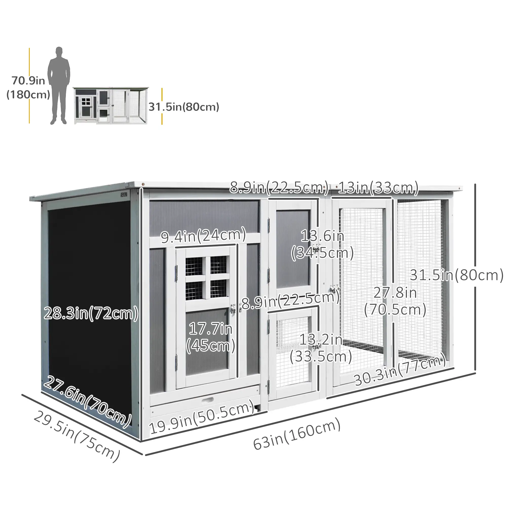 63" Wooden Chicken Coop, Rabbit Hutch, Nesting Box, Run, Grey - Image 3