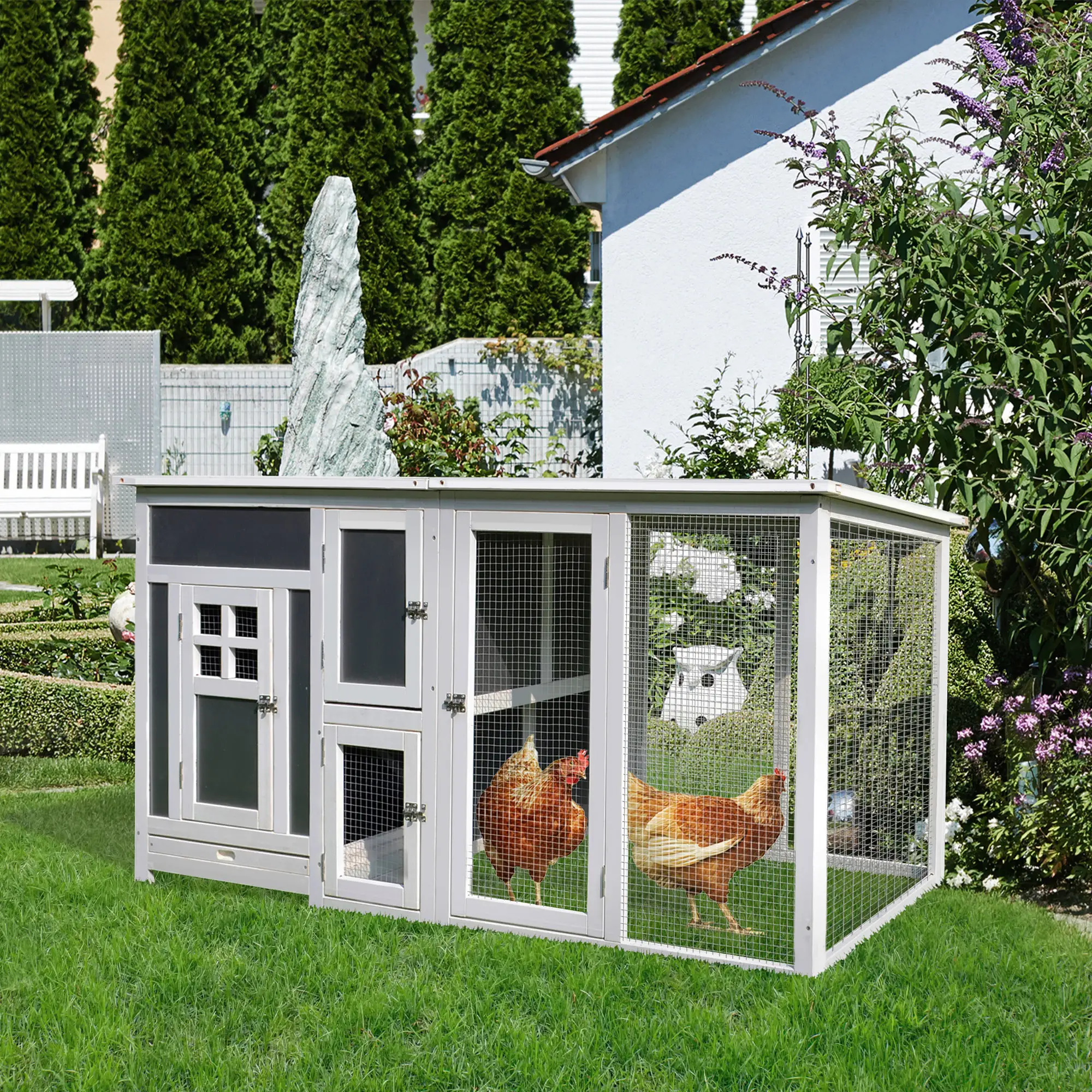 63" Wooden Chicken Coop, Rabbit Hutch, Nesting Box, Run, Grey - Image 8
