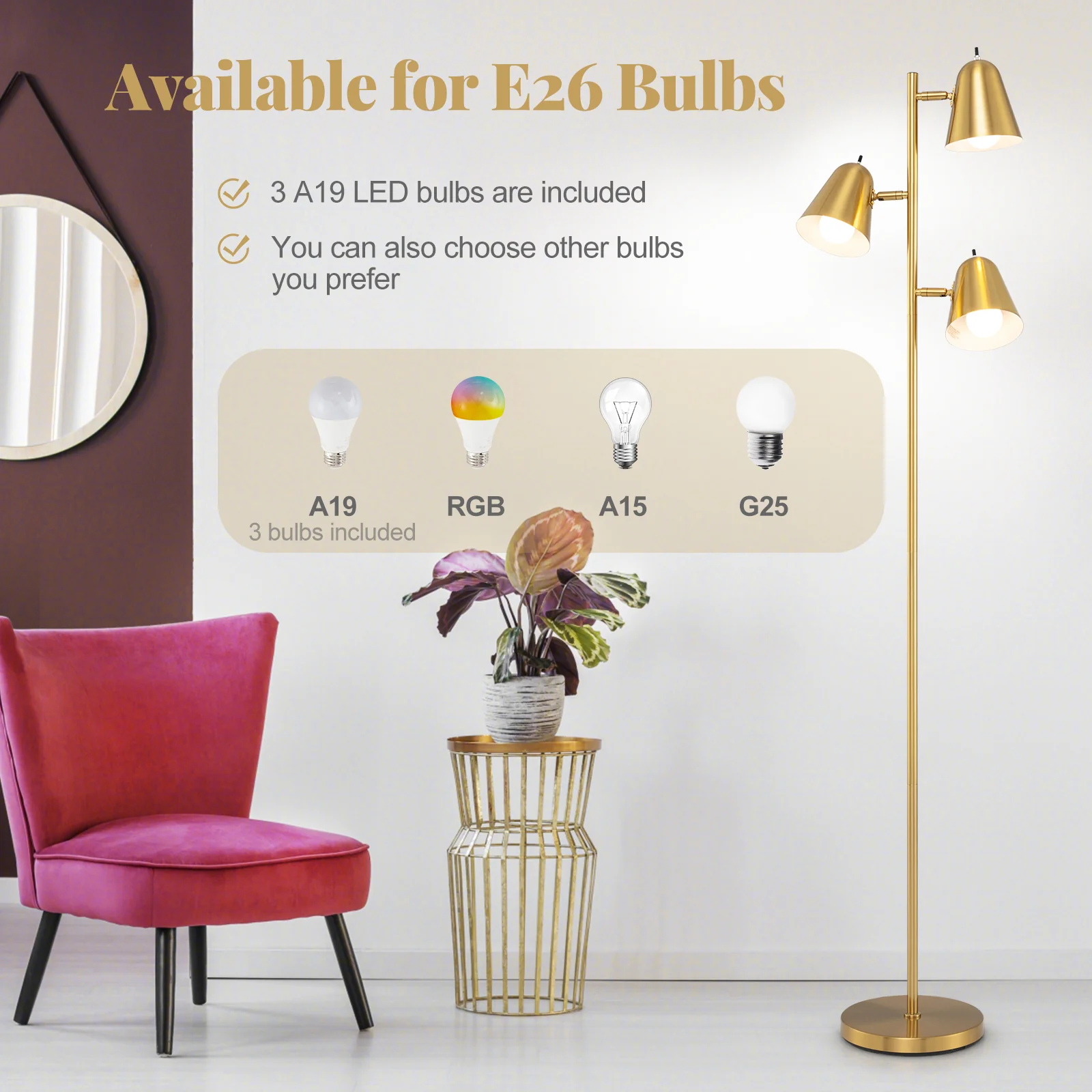 64 Inch 3-Light LED Floor Lamp, Living Room Bedroom Reading Light, Golden - Image 9