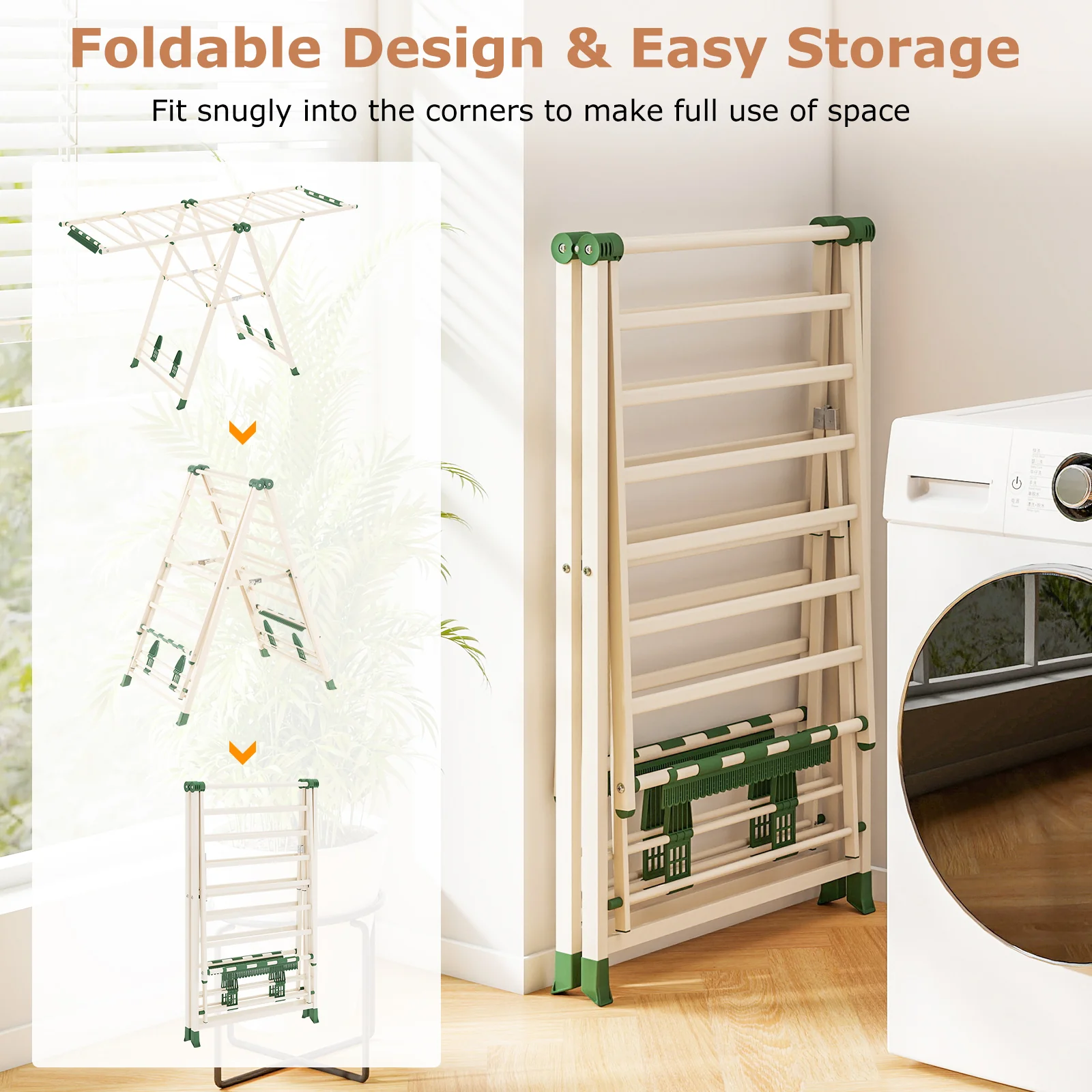 64 Inch Adjustable Clothes Drying Rack, Beige - Image 10
