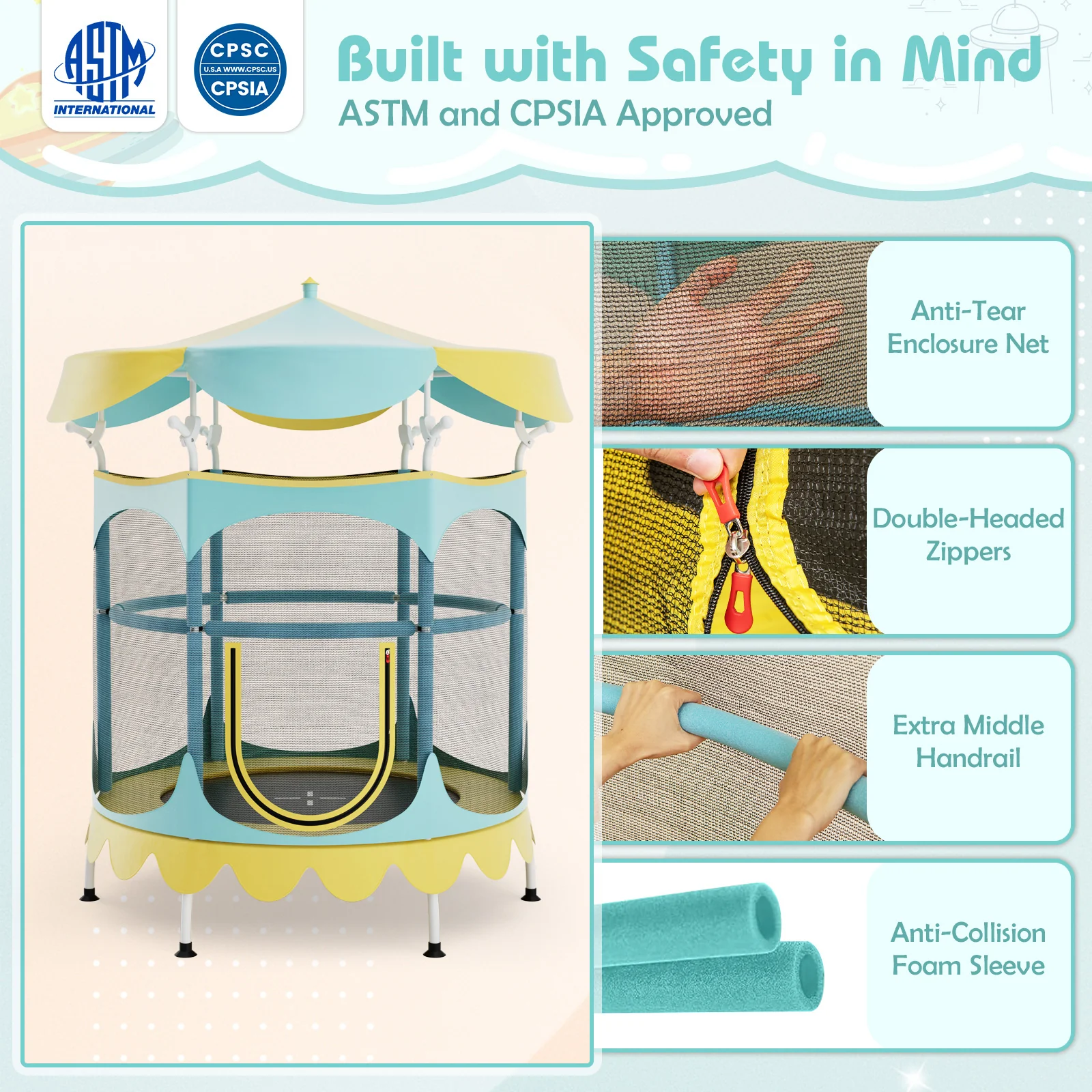 64 Inch Kids Trampoline, Detachable Canopy, Safety Net, Yellow - Image 2