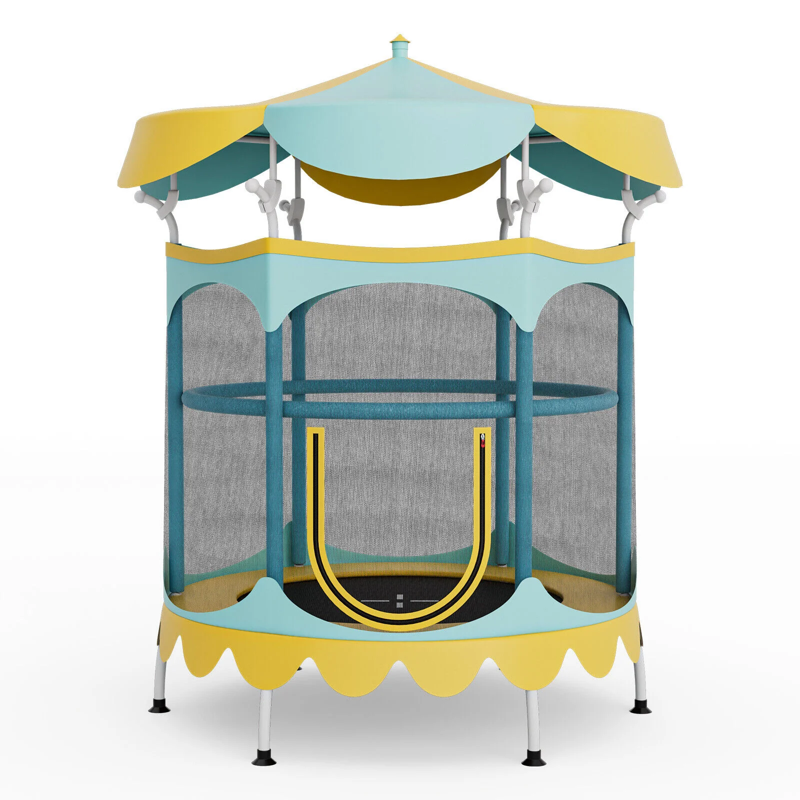 64 Inch Kids Trampoline, Detachable Canopy, Safety Net, Yellow - Image 3