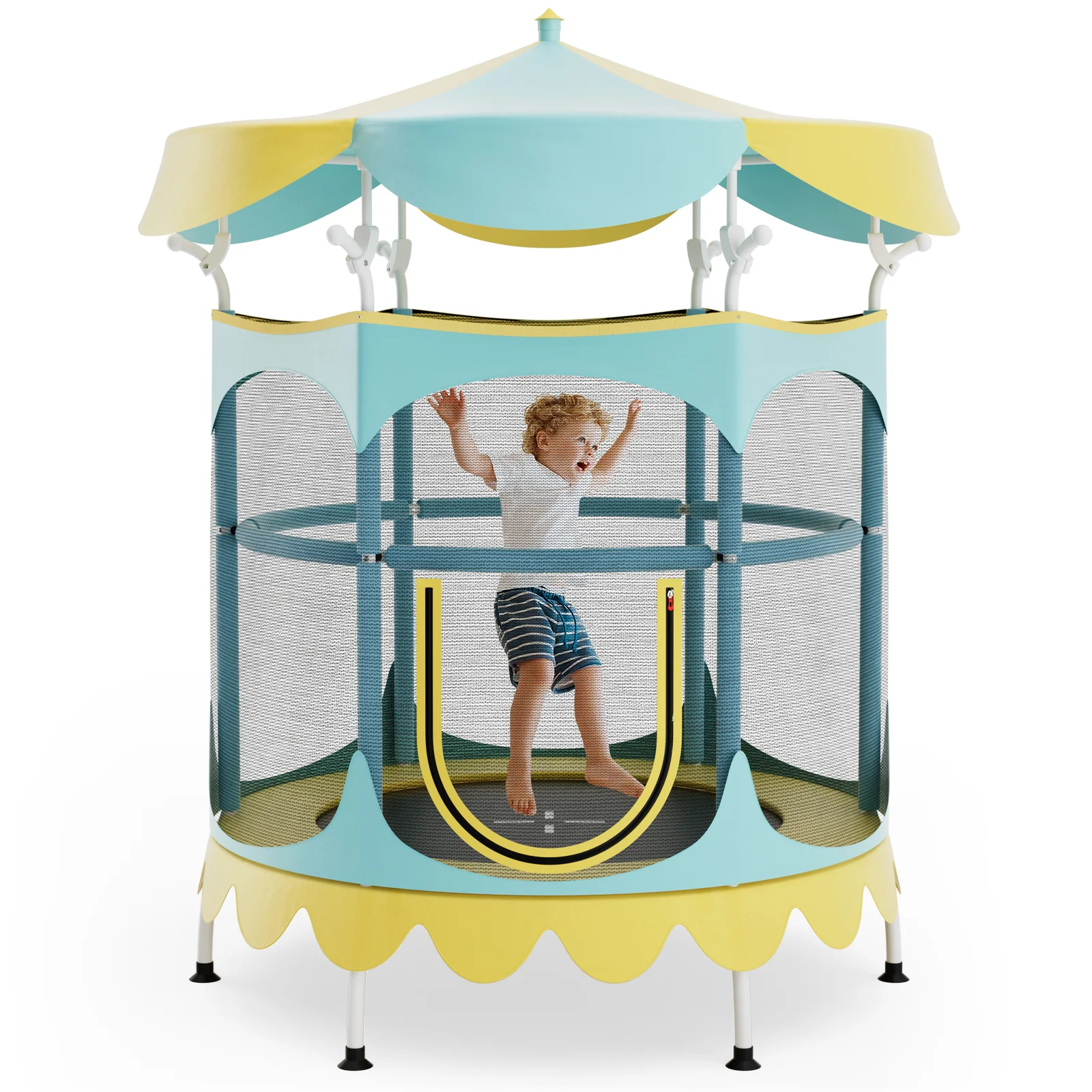 64 Inch Kids Trampoline, Detachable Canopy, Safety Net, Yellow - Image 4