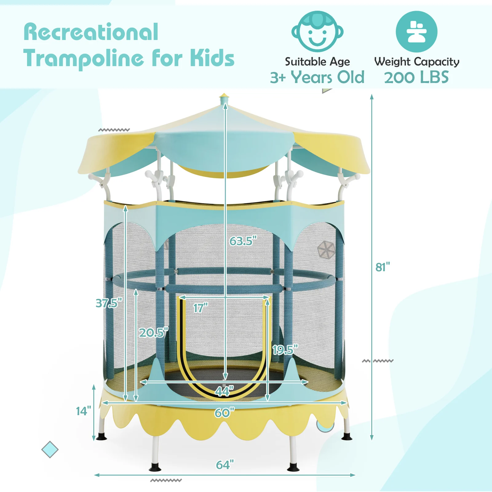 64 Inch Kids Trampoline, Detachable Canopy, Safety Net, Yellow - Image 5