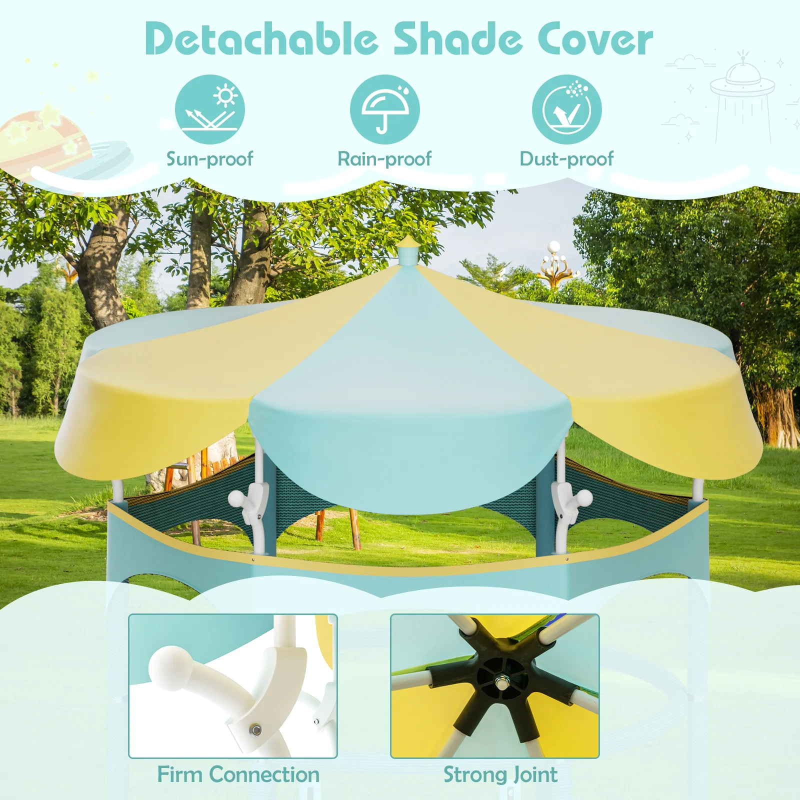 64 Inch Kids Trampoline, Detachable Canopy, Safety Net, Yellow - Image 6