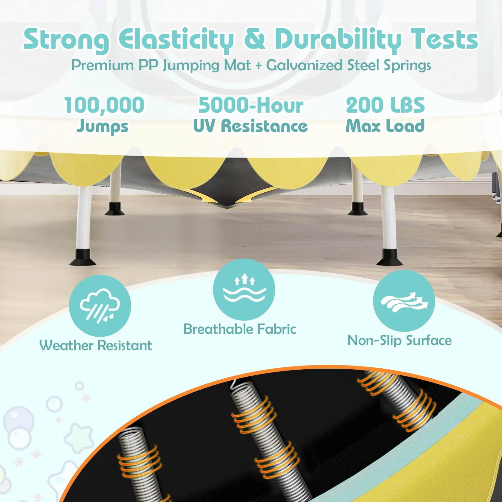 64 Inch Kids Trampoline, Detachable Canopy, Safety Net, Yellow - Image 8