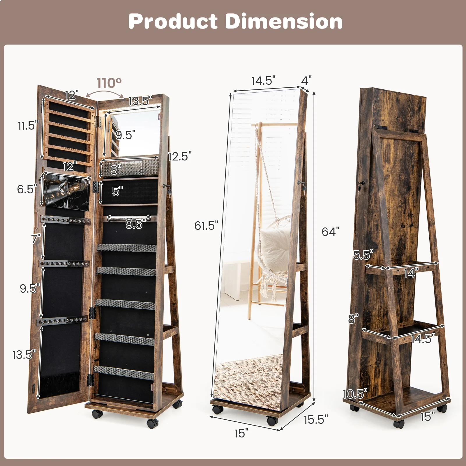 64 Inch Lockable Jewelry Cabinet Armoire, Built-In Makeup Mirror, Coffee - Image 7