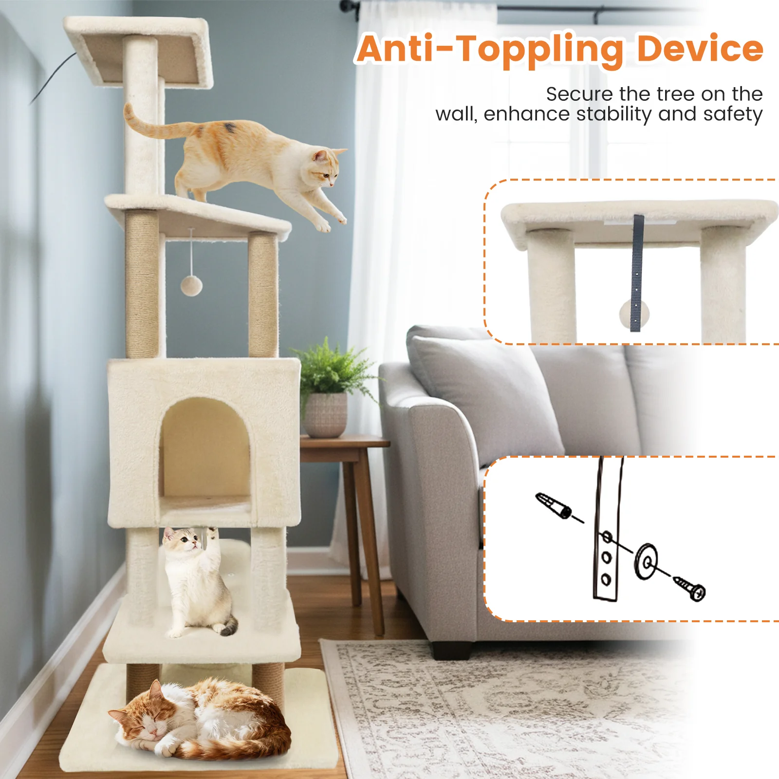 64 Inch Tall Cat Tree with 2 Large Condos and Jute Scratching Posts for Indoor Adult Cats, Beige - Image 10