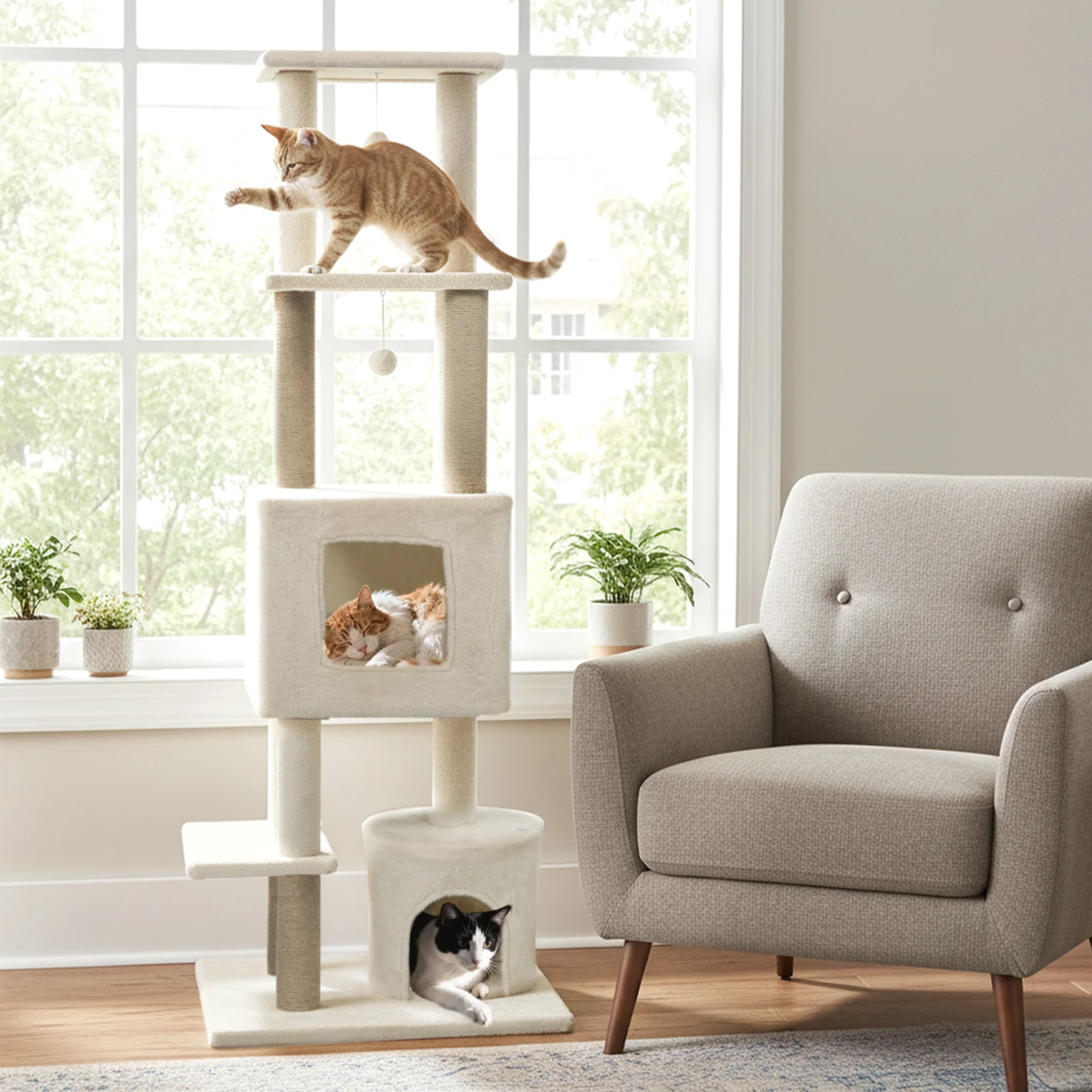 64 Inch Tall Cat Tree with 2 Large Condos and Jute Scratching Posts for Indoor Adult Cats, Beige - Image 2