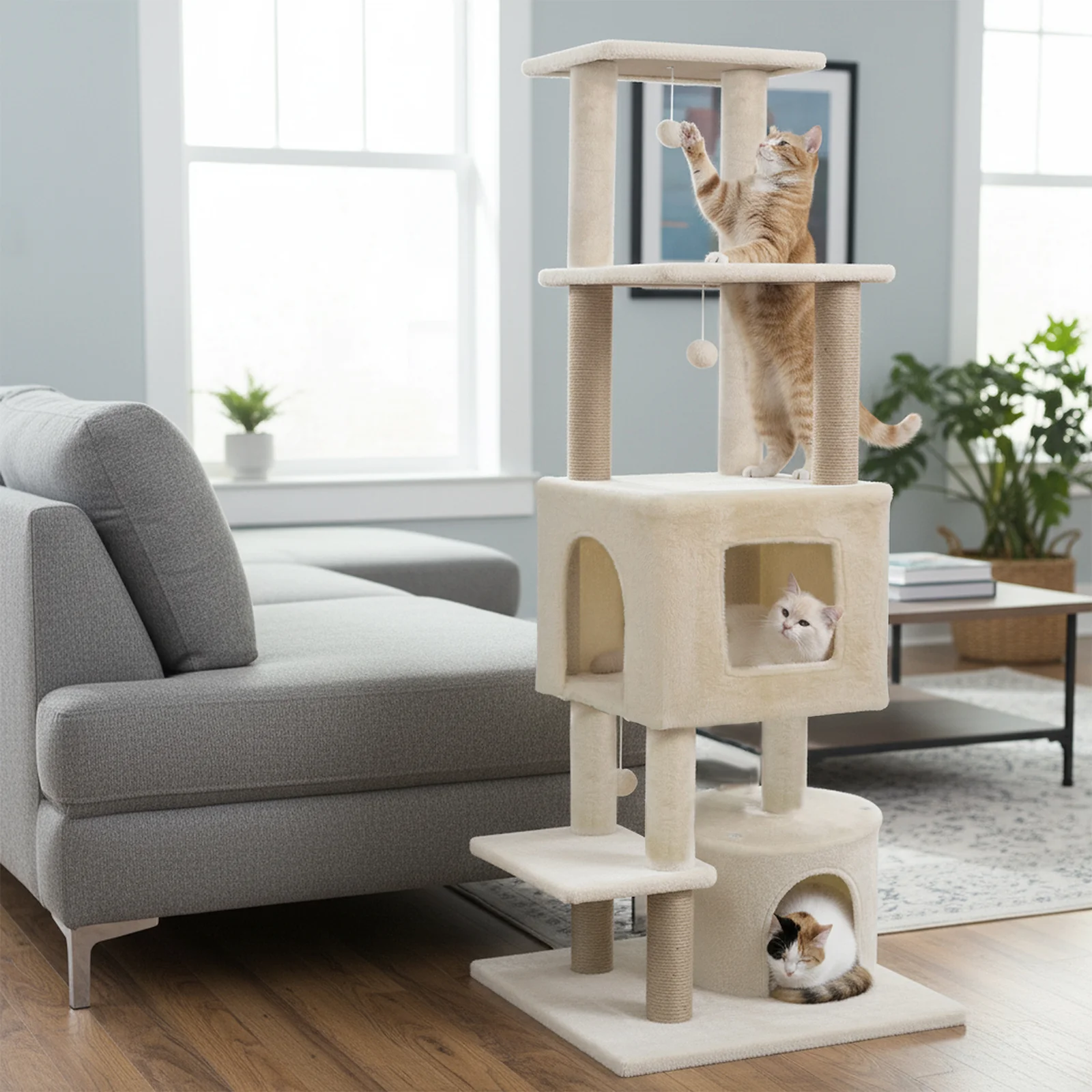 64 Inch Tall Cat Tree with 2 Large Condos and Jute Scratching Posts for Indoor Adult Cats, Beige - Image 3