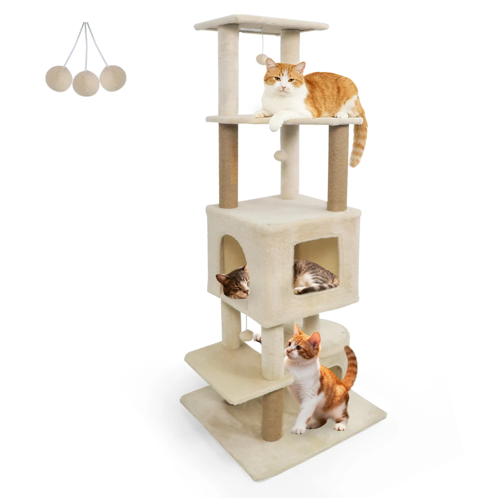 64 Inch Tall Cat Tree with 2 Large Condos and Jute Scratching Posts for Indoor Adult Cats, Beige - Image 4