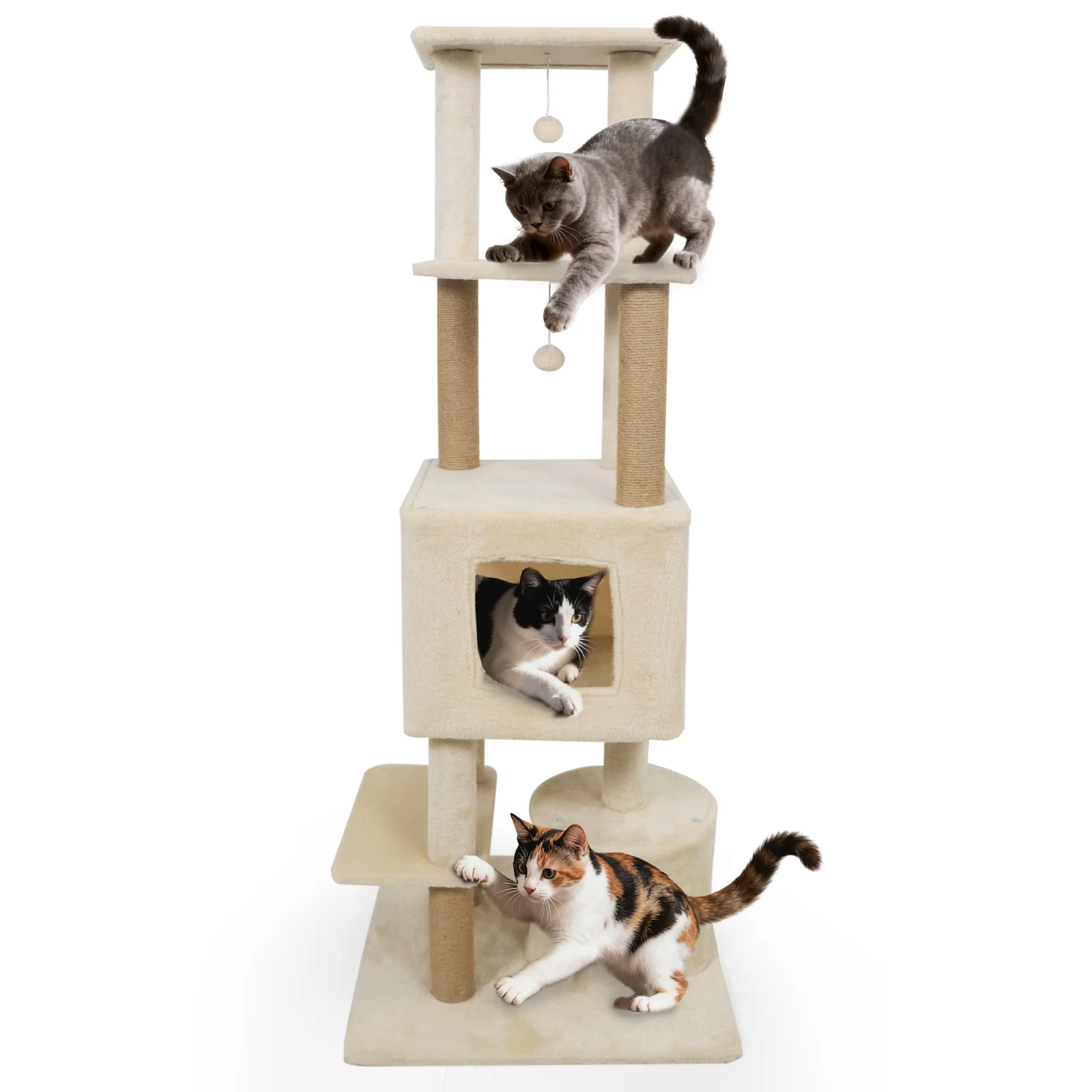 64 Inch Tall Cat Tree with 2 Large Condos and Jute Scratching Posts for Indoor Adult Cats, Beige - Image 5