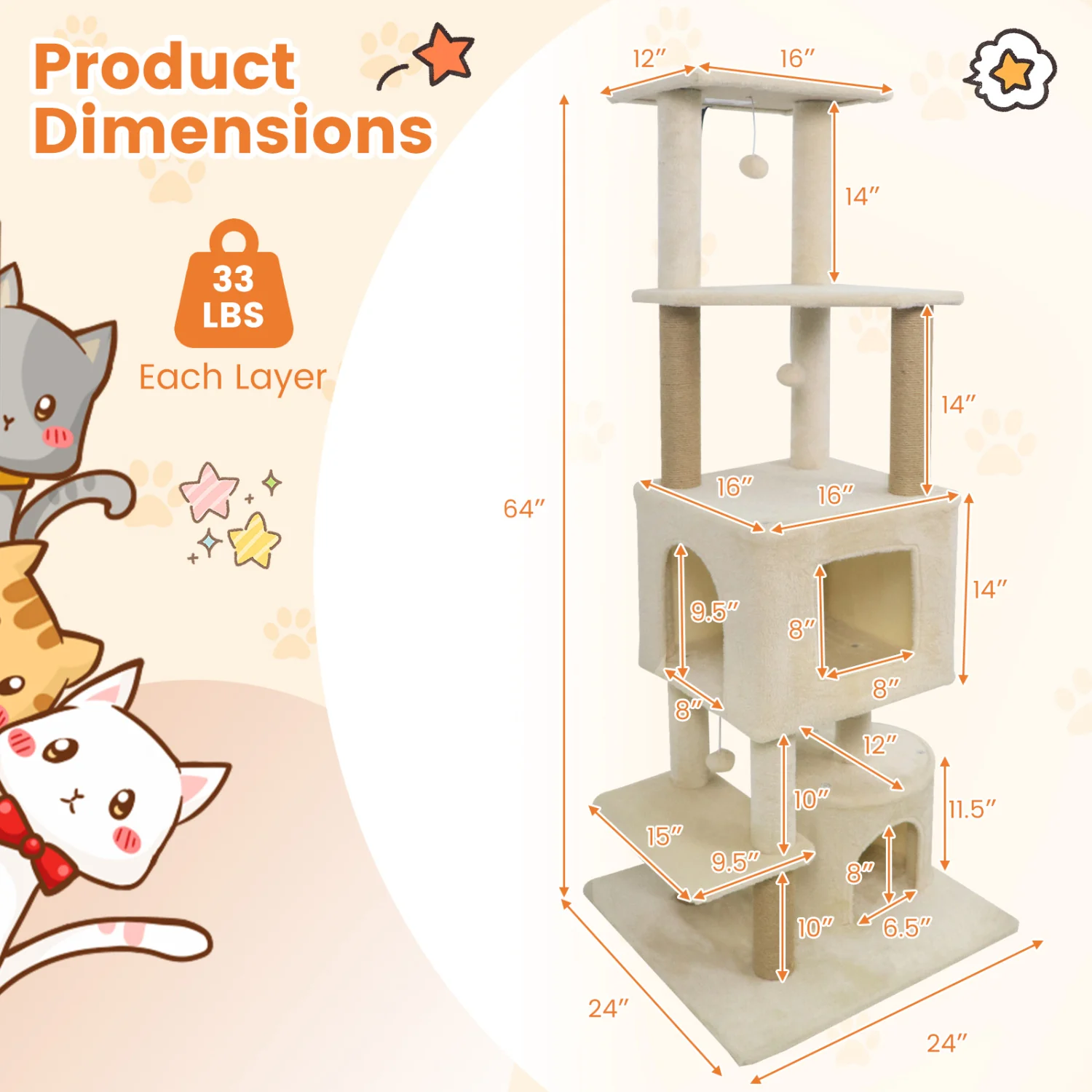 64 Inch Tall Cat Tree with 2 Large Condos and Jute Scratching Posts for Indoor Adult Cats, Beige - Image 6