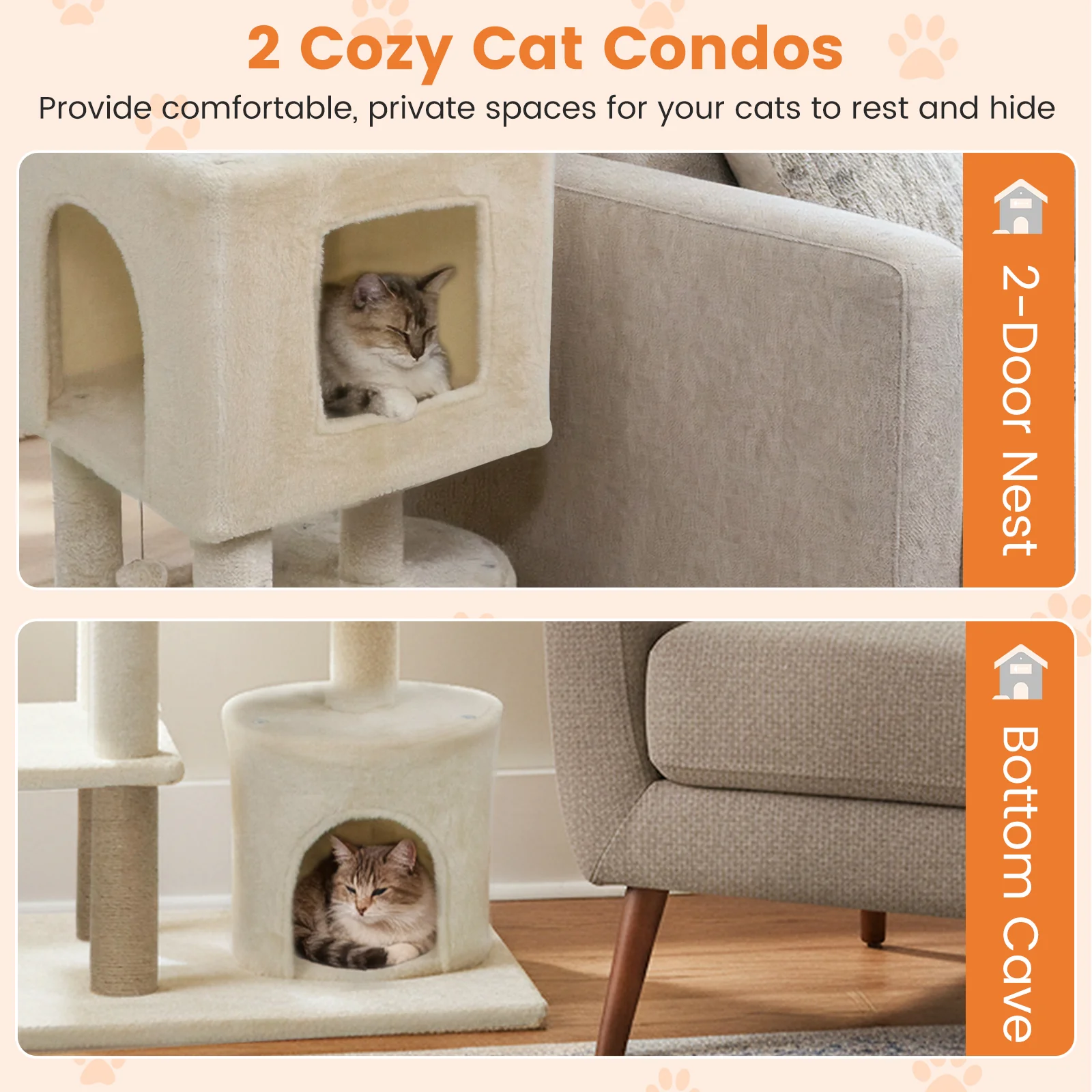 64 Inch Tall Cat Tree with 2 Large Condos and Jute Scratching Posts for Indoor Adult Cats, Beige - Image 7