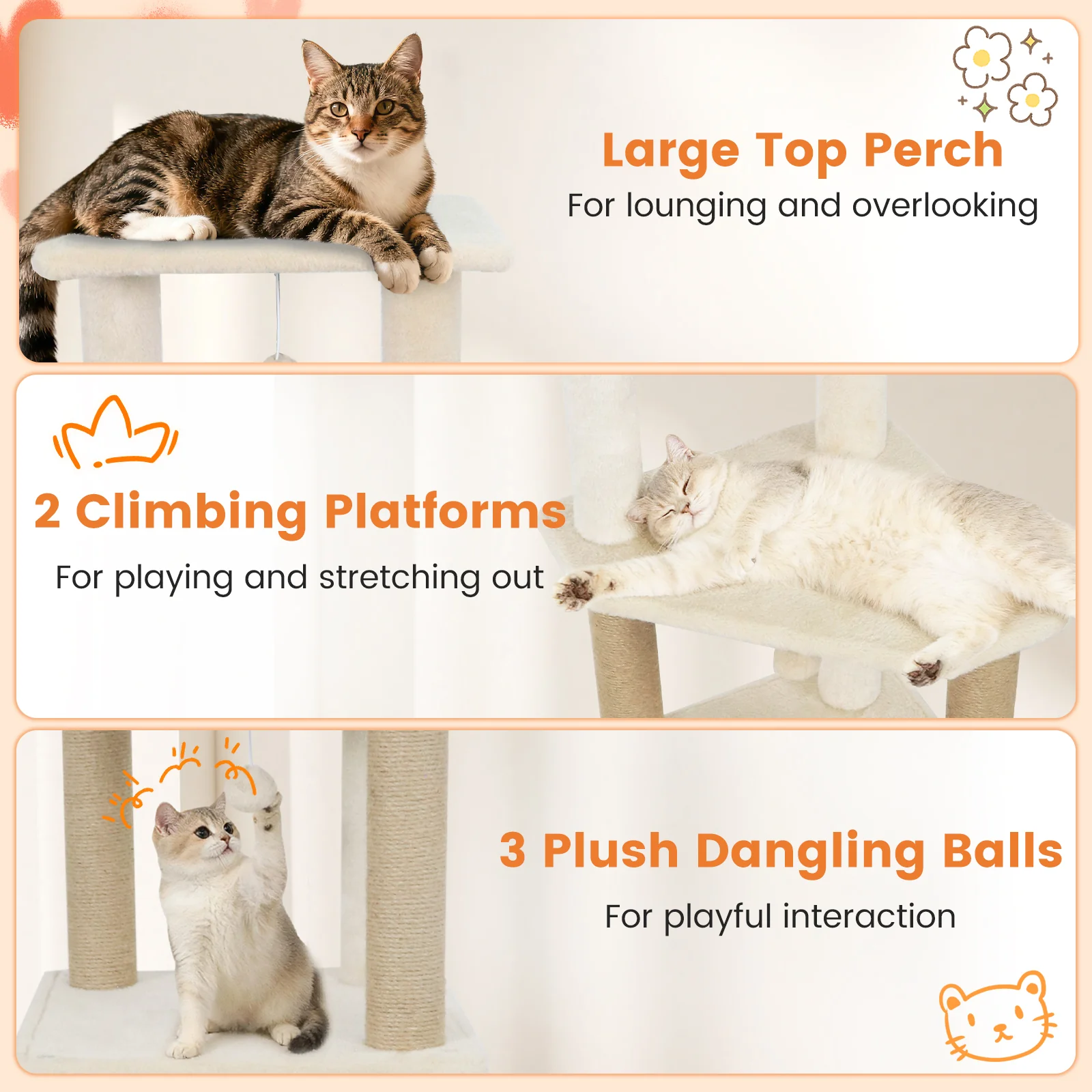 64 Inch Tall Cat Tree with 2 Large Condos and Jute Scratching Posts for Indoor Adult Cats, Beige - Image 8