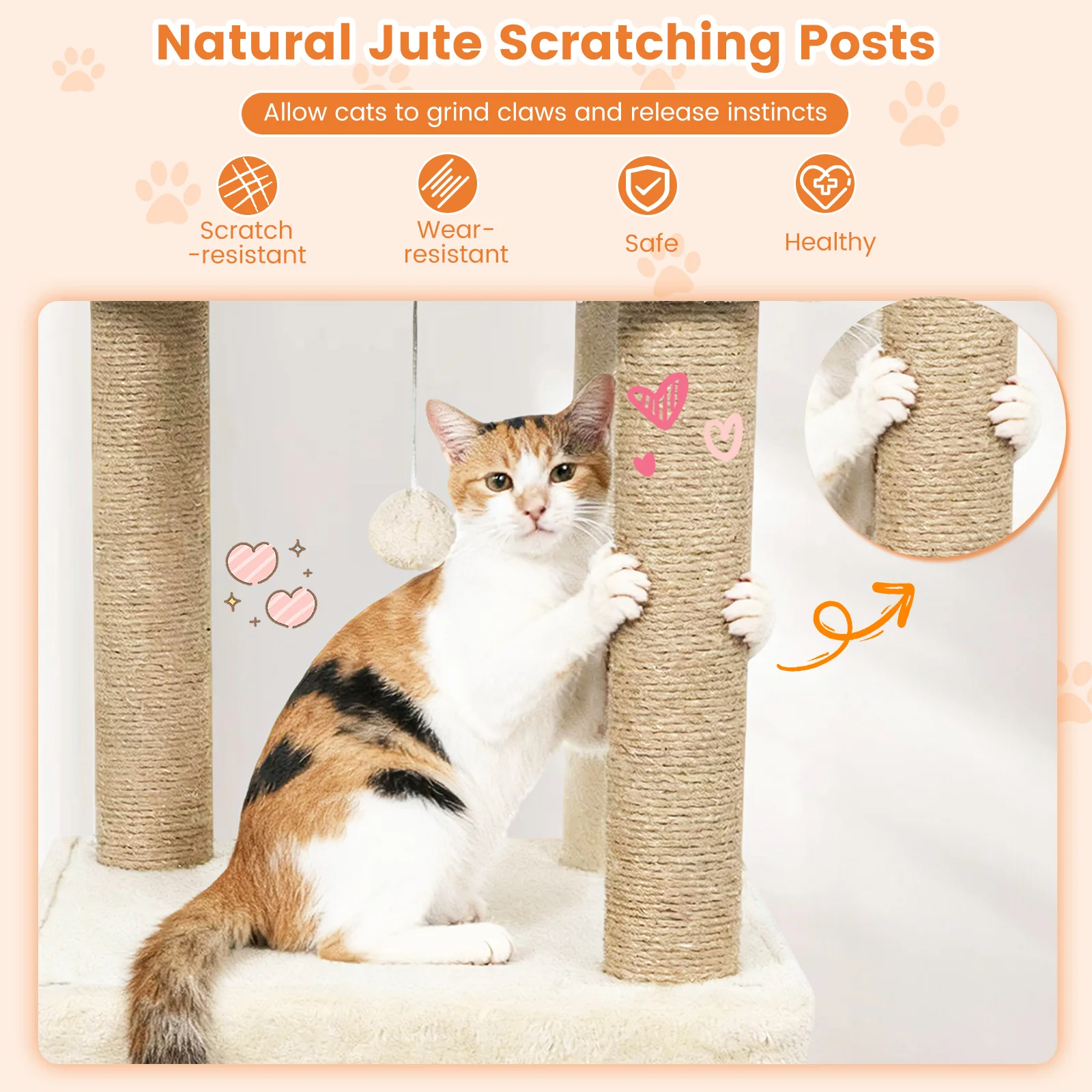 64 Inch Tall Cat Tree with 2 Large Condos and Jute Scratching Posts for Indoor Adult Cats, Beige - Image 9