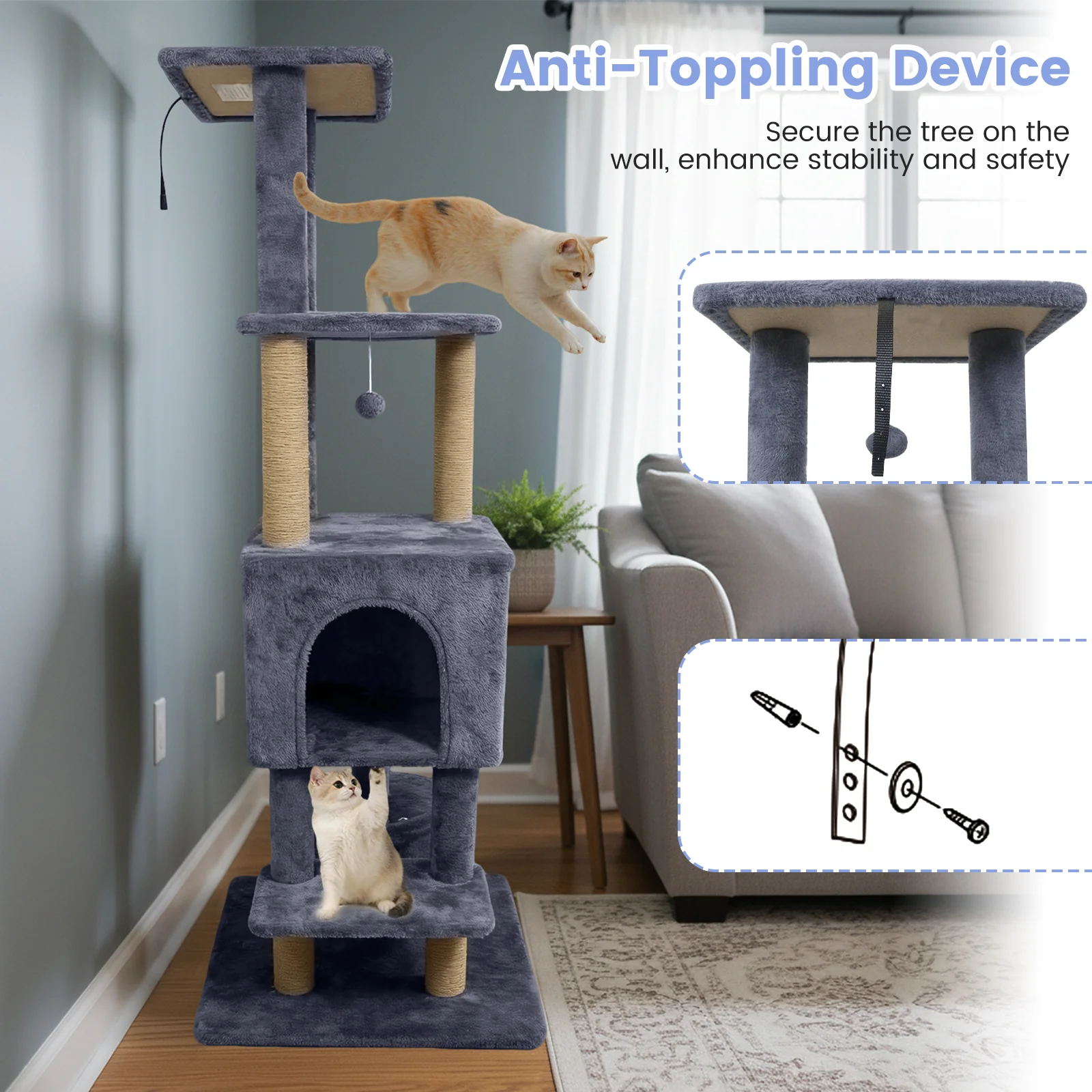 64 Inch Tall Cat Tree with 2 Large Condos and Jute Scratching Posts for Indoor Adult Cats-Dark Grey, Dark Gray - Image 10