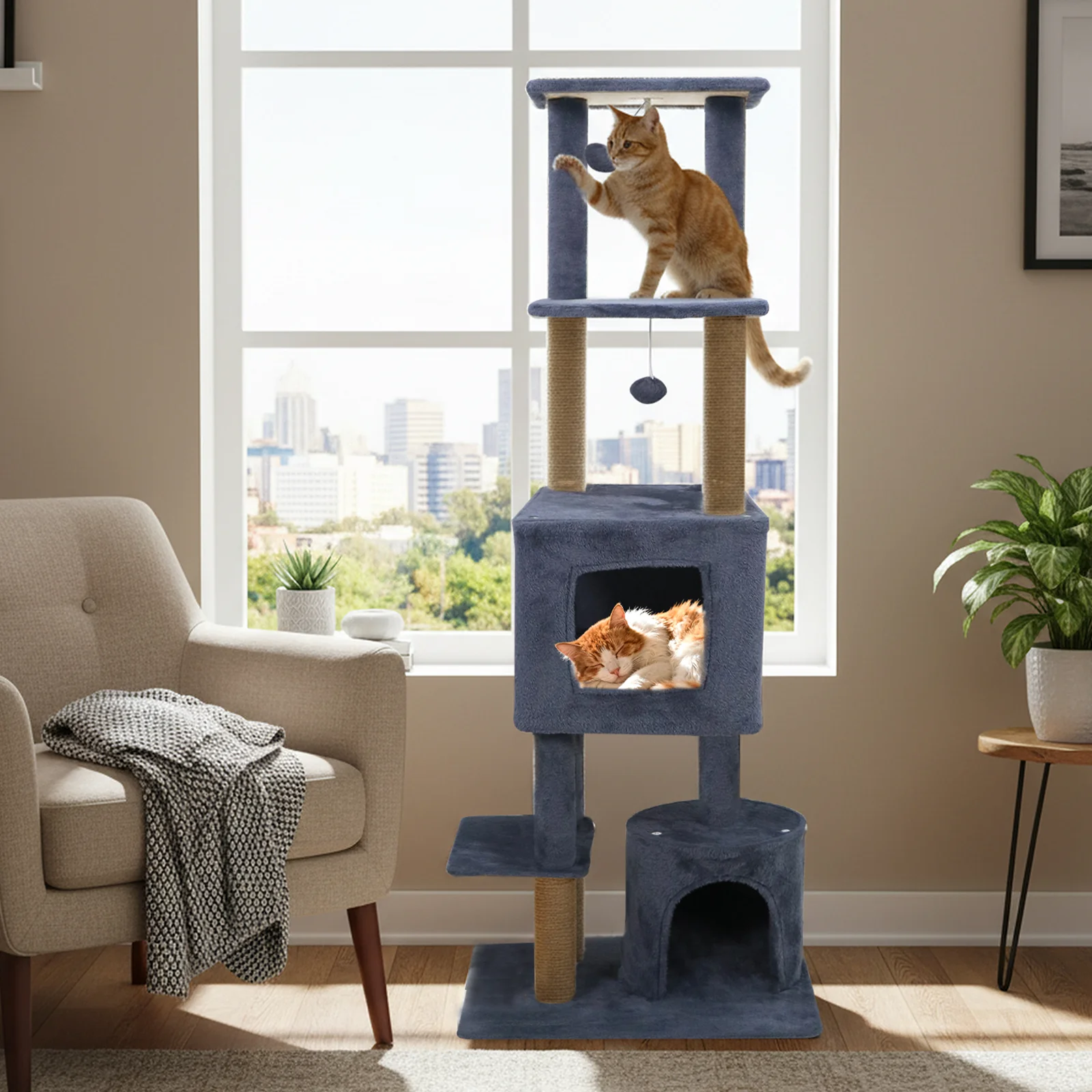 64 Inch Tall Cat Tree with 2 Large Condos and Jute Scratching Posts for Indoor Adult Cats-Dark Grey, Dark Gray - Image 2