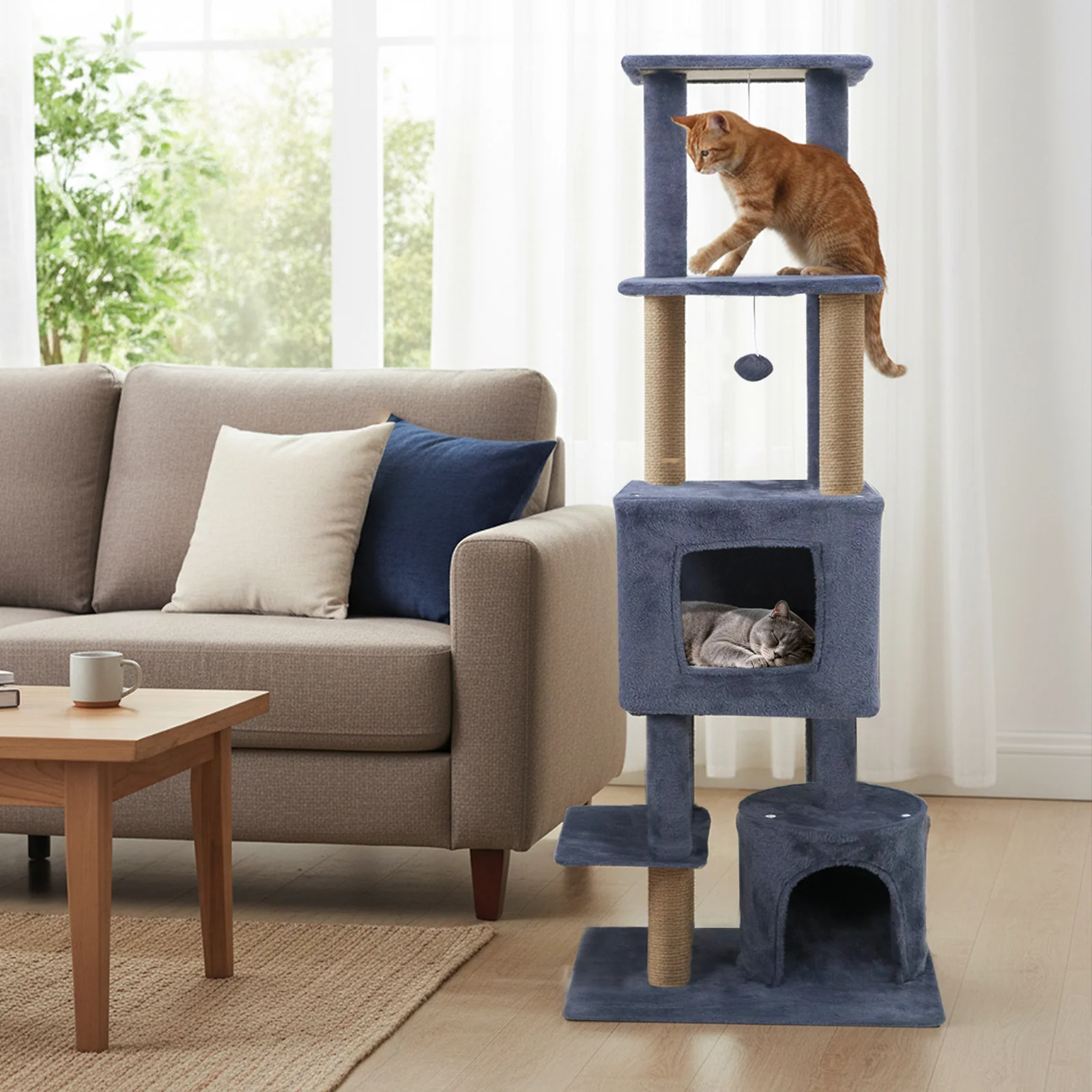 64 Inch Tall Cat Tree with 2 Large Condos and Jute Scratching Posts for Indoor Adult Cats-Dark Grey, Dark Gray - Image 3