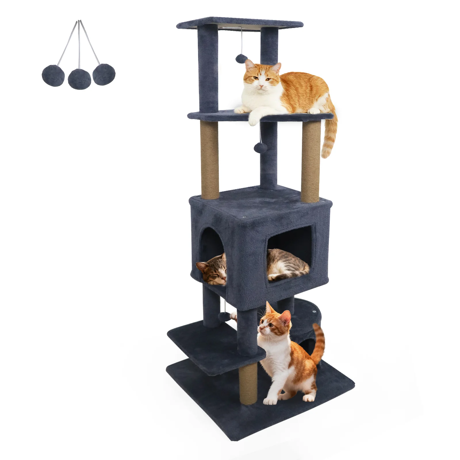 64 Inch Tall Cat Tree with 2 Large Condos and Jute Scratching Posts for Indoor Adult Cats-Dark Grey, Dark Gray - Image 4