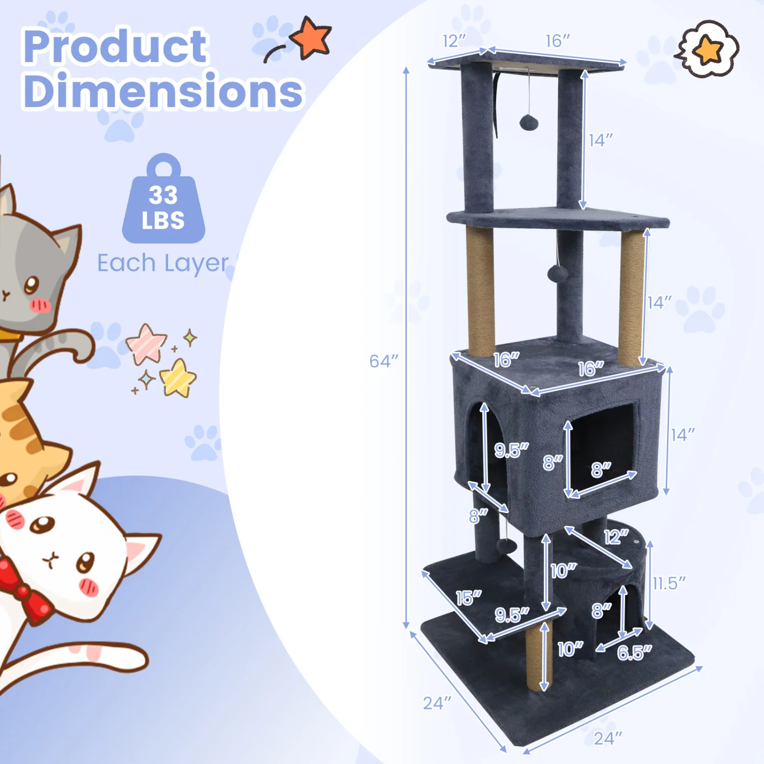 64 Inch Tall Cat Tree with 2 Large Condos and Jute Scratching Posts for Indoor Adult Cats-Dark Grey, Dark Gray - Image 6