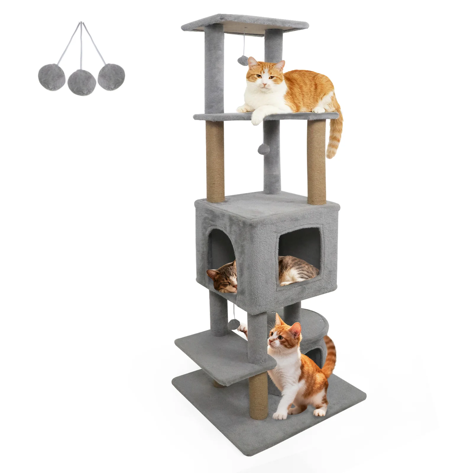 64 Inch Tall Cat Tree with 2 Large Condos and Jute Scratching Posts for Indoor Adult Cats-Light Grey, Light Gray