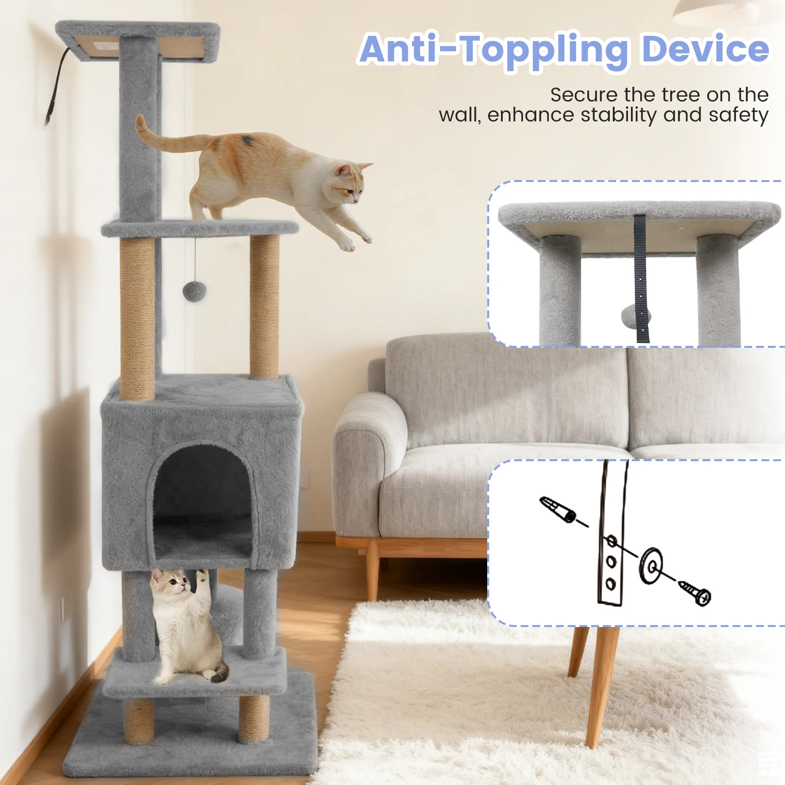 64 Inch Tall Cat Tree with 2 Large Condos and Jute Scratching Posts for Indoor Adult Cats-Light Grey, Light Gray - Image 10