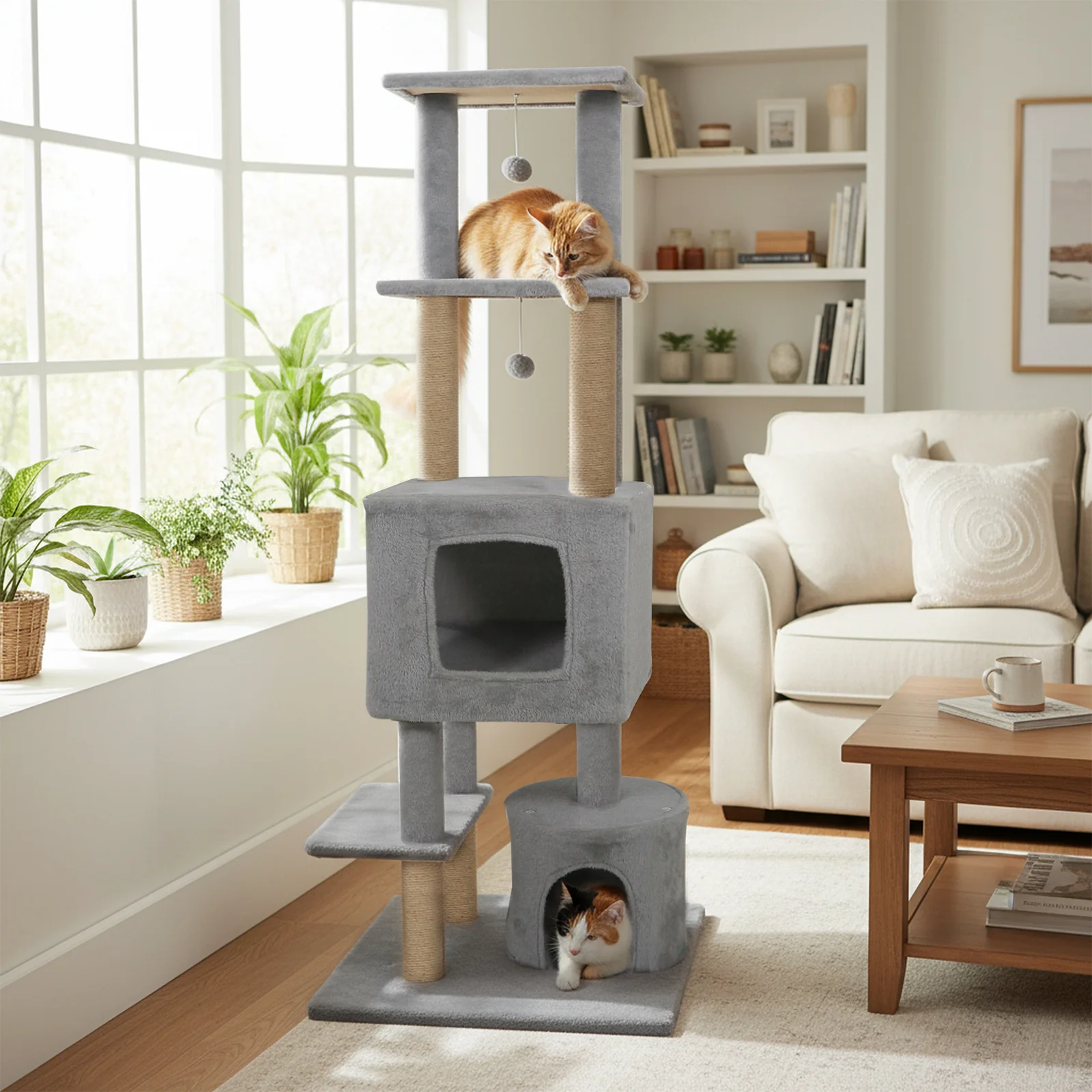 64 Inch Tall Cat Tree with 2 Large Condos and Jute Scratching Posts for Indoor Adult Cats-Light Grey, Light Gray - Image 2