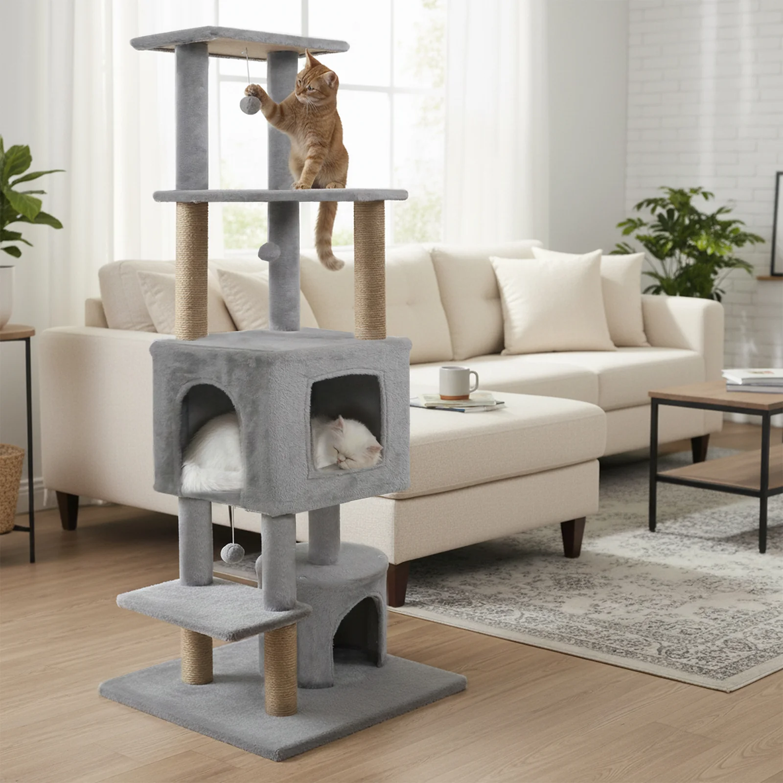 64 Inch Tall Cat Tree with 2 Large Condos and Jute Scratching Posts for Indoor Adult Cats-Light Grey, Light Gray - Image 3